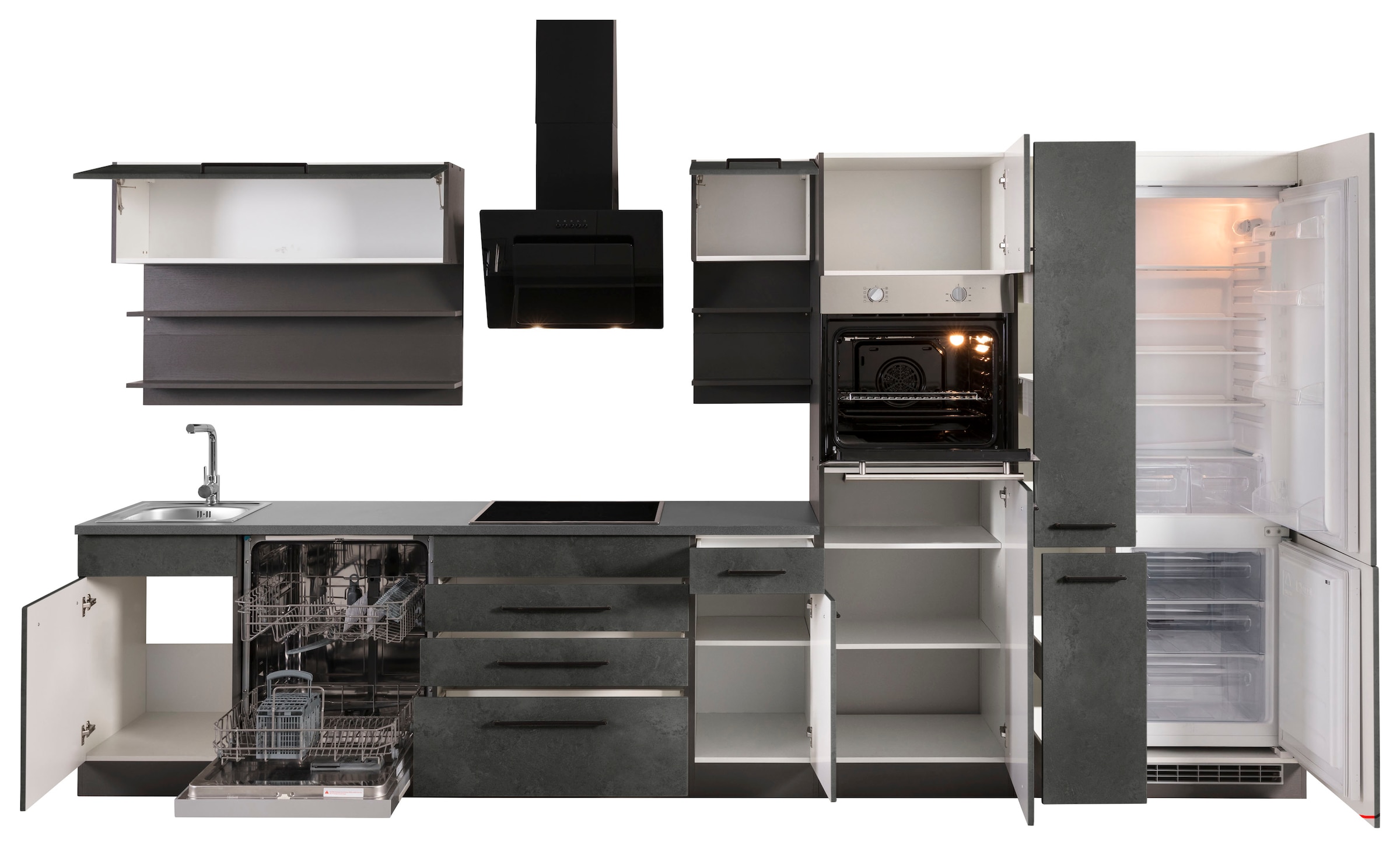 KOCHSTATION Küchenzeile »KS-Tulsa« mit E-Geräten, Breite 380 cm, schwarze Metallgriffe, MDF Fronten