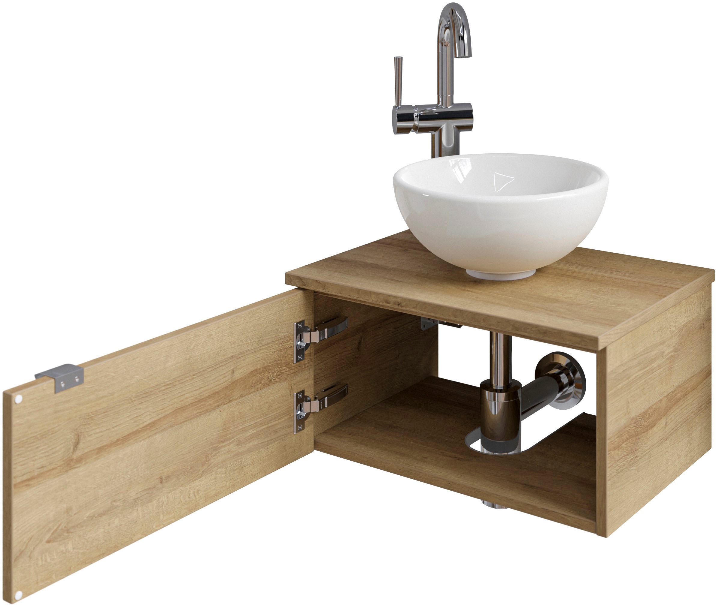 Saphir Waschtisch »Serie 6915 Waschschale mit Unterschrank für Gästebad, Gäste WC« Keramik-Aufsatzbecken, Waschtischplatte, Waschtischunterschrank, 3 Stk. tlg. 51 cm breit, 1 Tür, Waschtischplatte, kleine Bäder, ohne Armatur