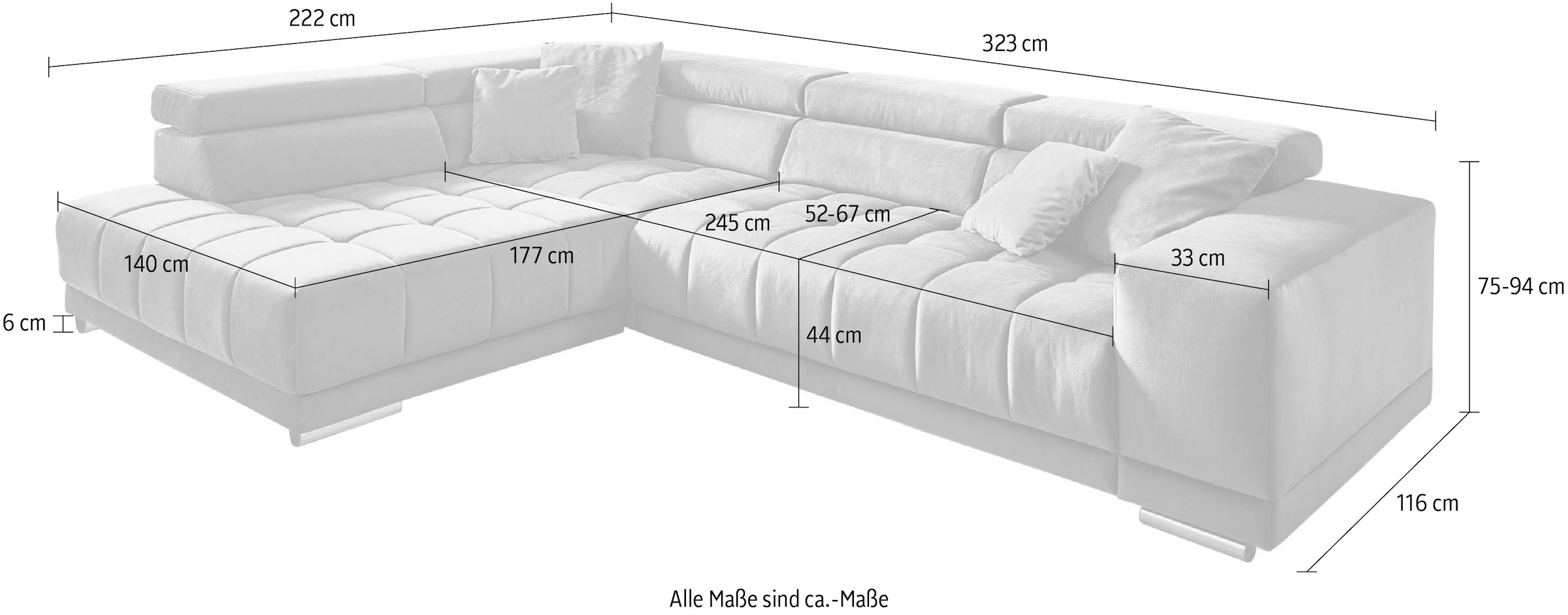 Die PlanBar Ecksofa »MP-IN15053 L-Form breiter Schenkel«, wahlweise mit Kopfteilverstellung und manueller Vorziehbank