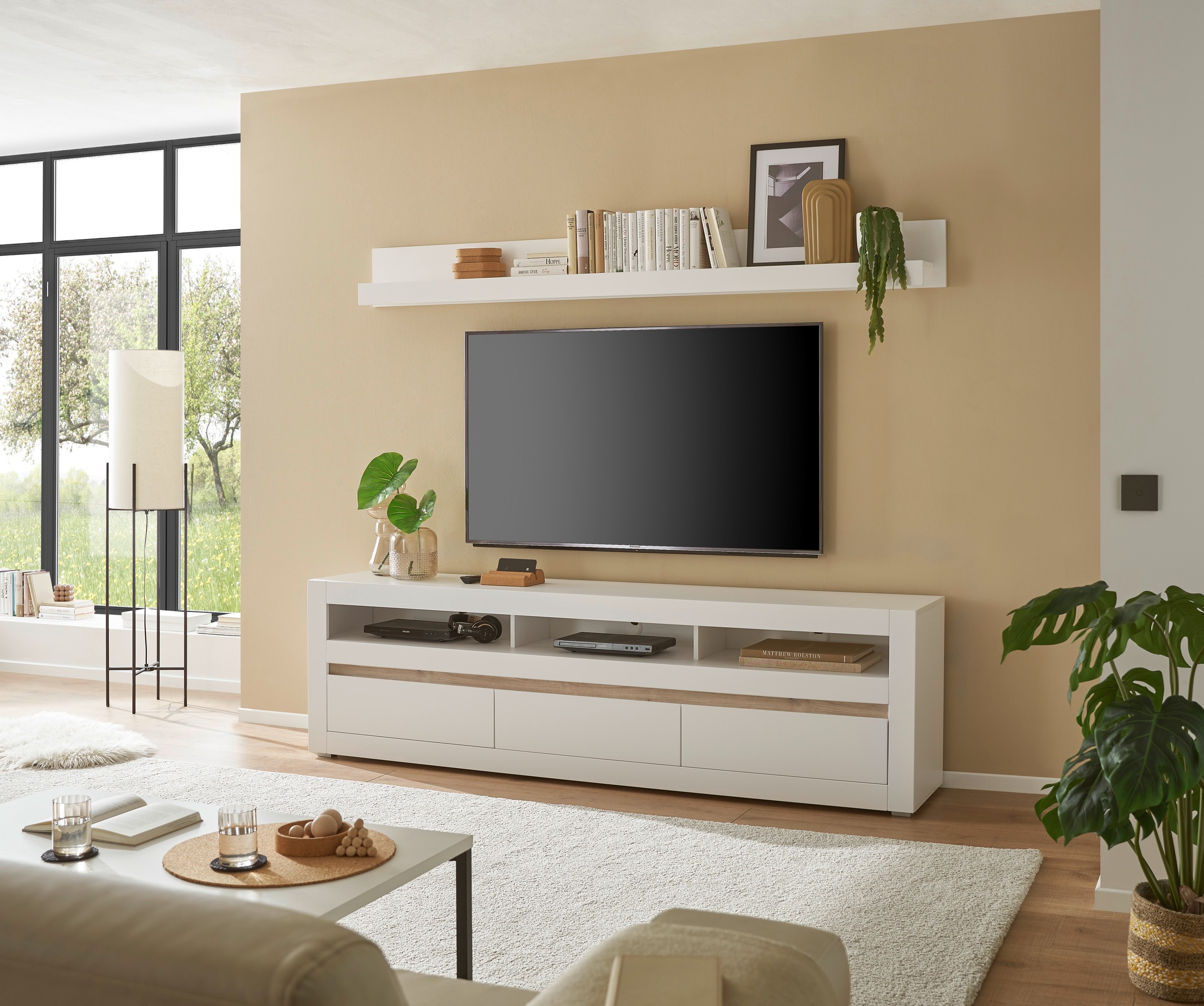 INOSIGN Wohnwand »Anbauwand in Weiß Matt, Wohnzimmer-Set mit austauschbarer Blende«, (Set, 2 St.), enhält Lowboard, Wandboard, zeitloses Design, 217 cm breit
