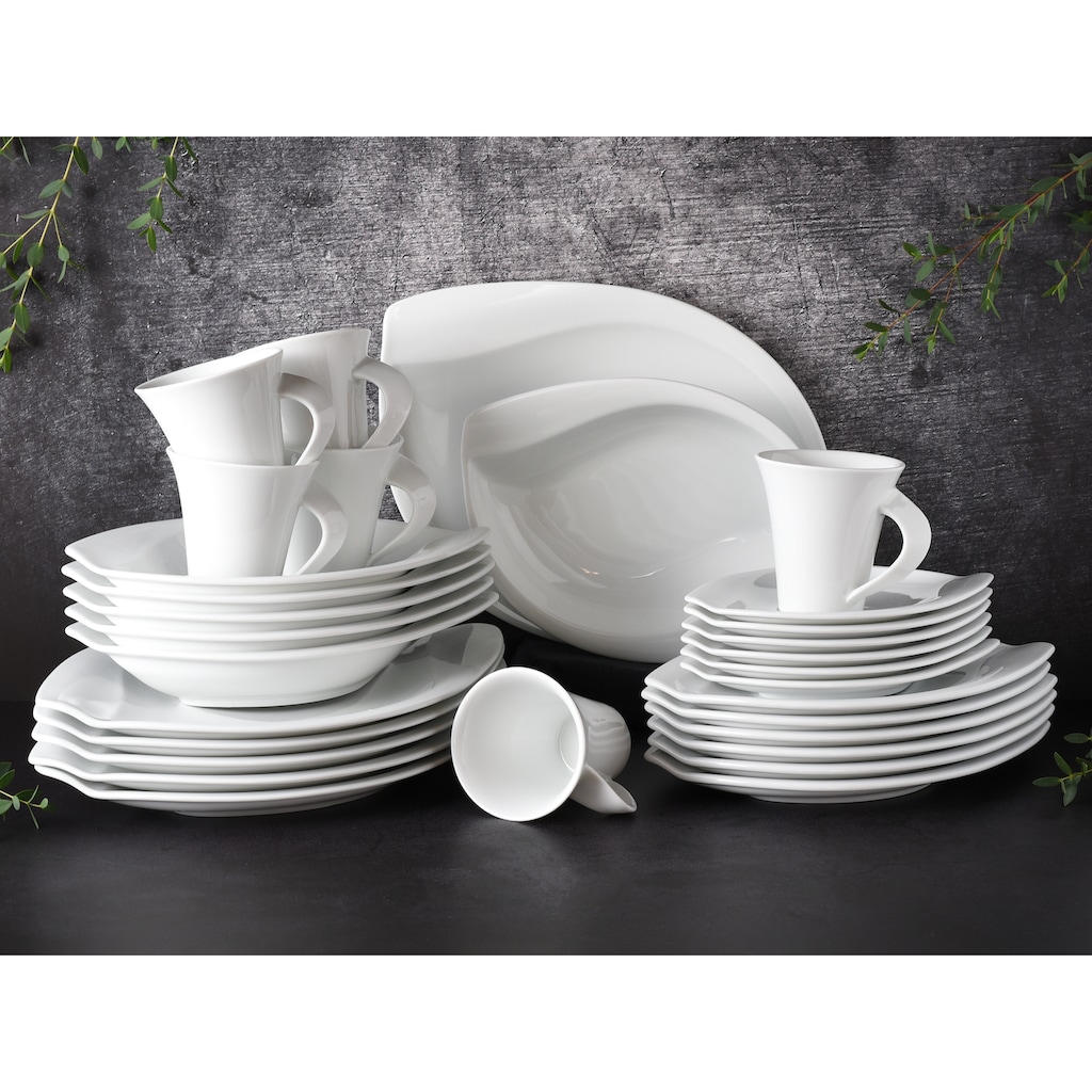 CreaTable Kombiservice »Geschirr-Set ACACIA«, (Set, 30 tlg., Kaffeeservice und Tafelservice im Set, für 6 Personen), Service, weiß, extravagantes Form, 30 Teile, für 6 Personen