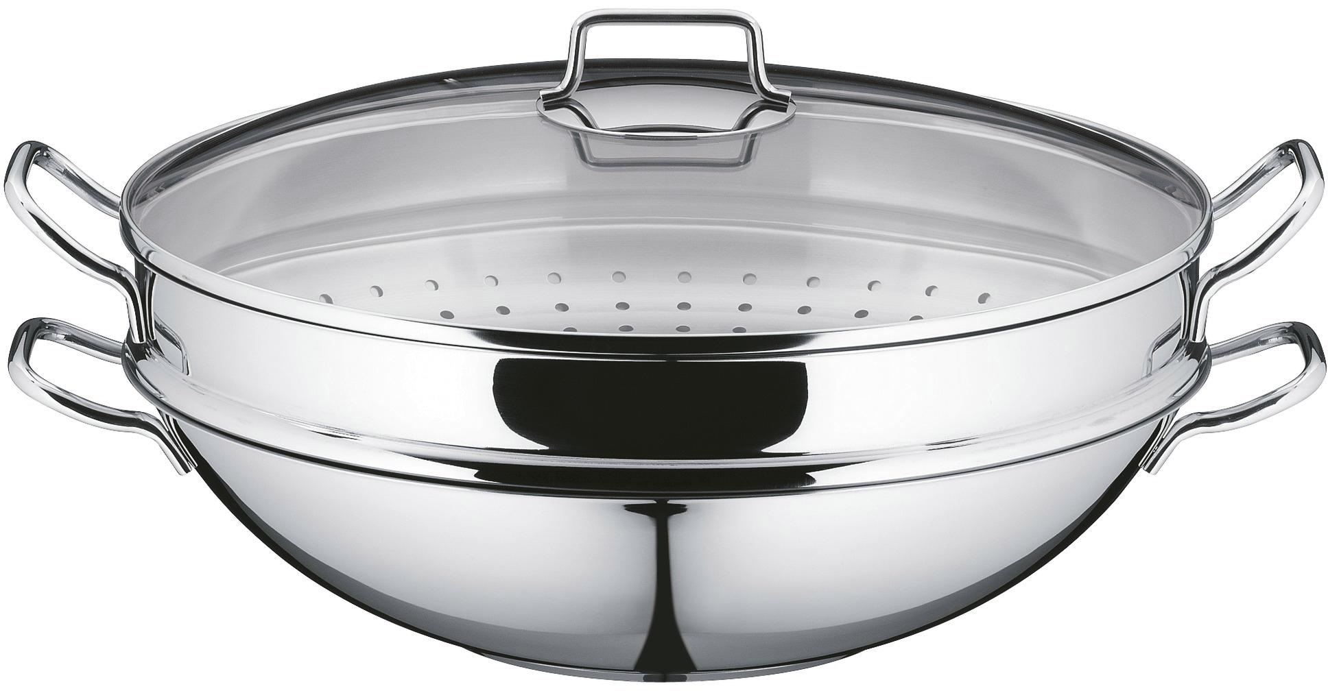 WMF Wok »Macao«, Cromargan® Edelstahl Rostfrei 18/10, (Set, 4 tlg., 1 x Wok  mit Glasdeckel, Dämpfeinsatz, Rezeptheft), Induktion mit 3 Jahren XXL  Garantie