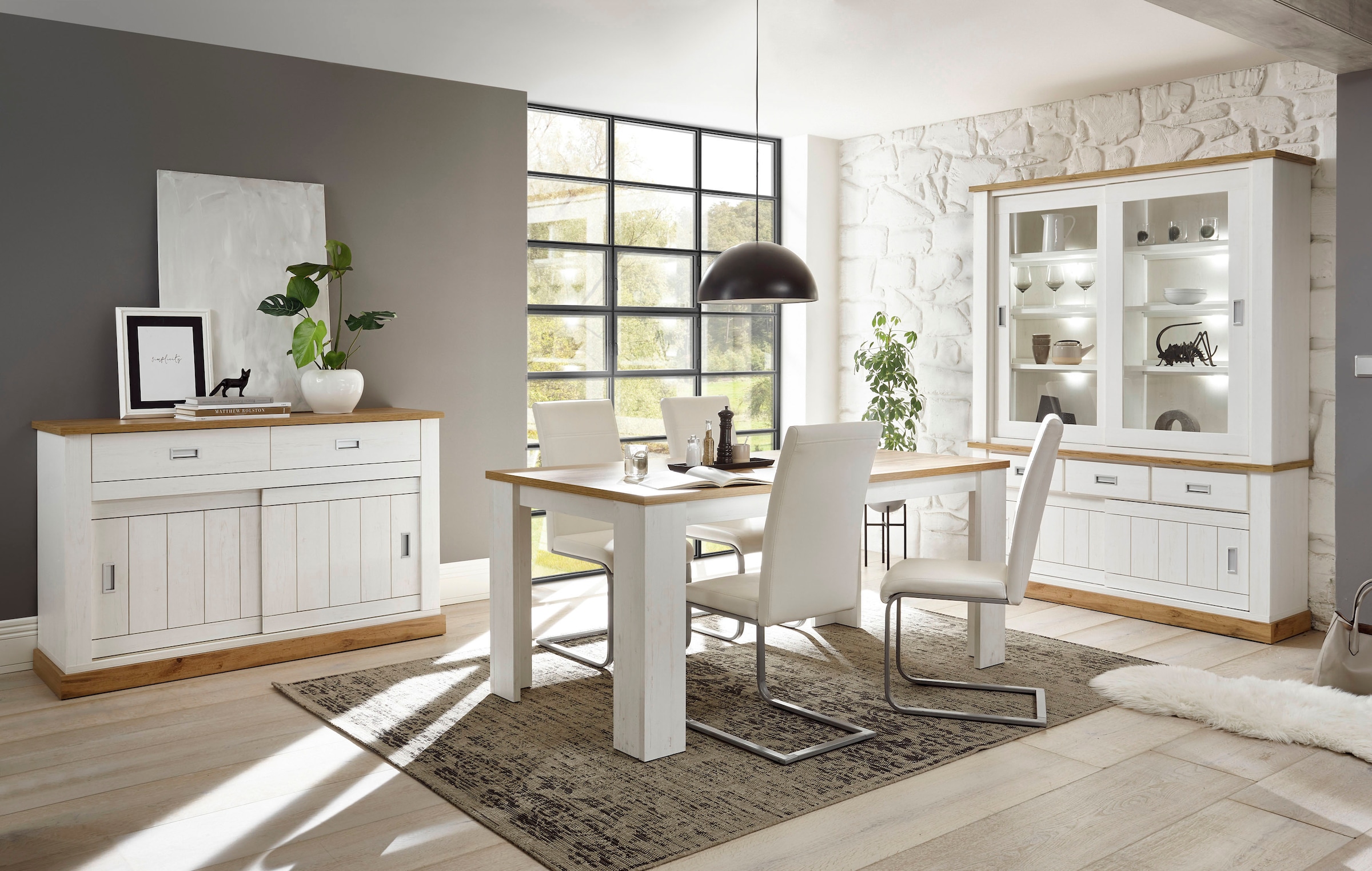 Home affaire Sideboard »Orlando, moderner Schrank, Kommode im Landhausstil«, 2 Schiebetüren & 3 Schubladen, silberne Griffmulden, 150 cm breit