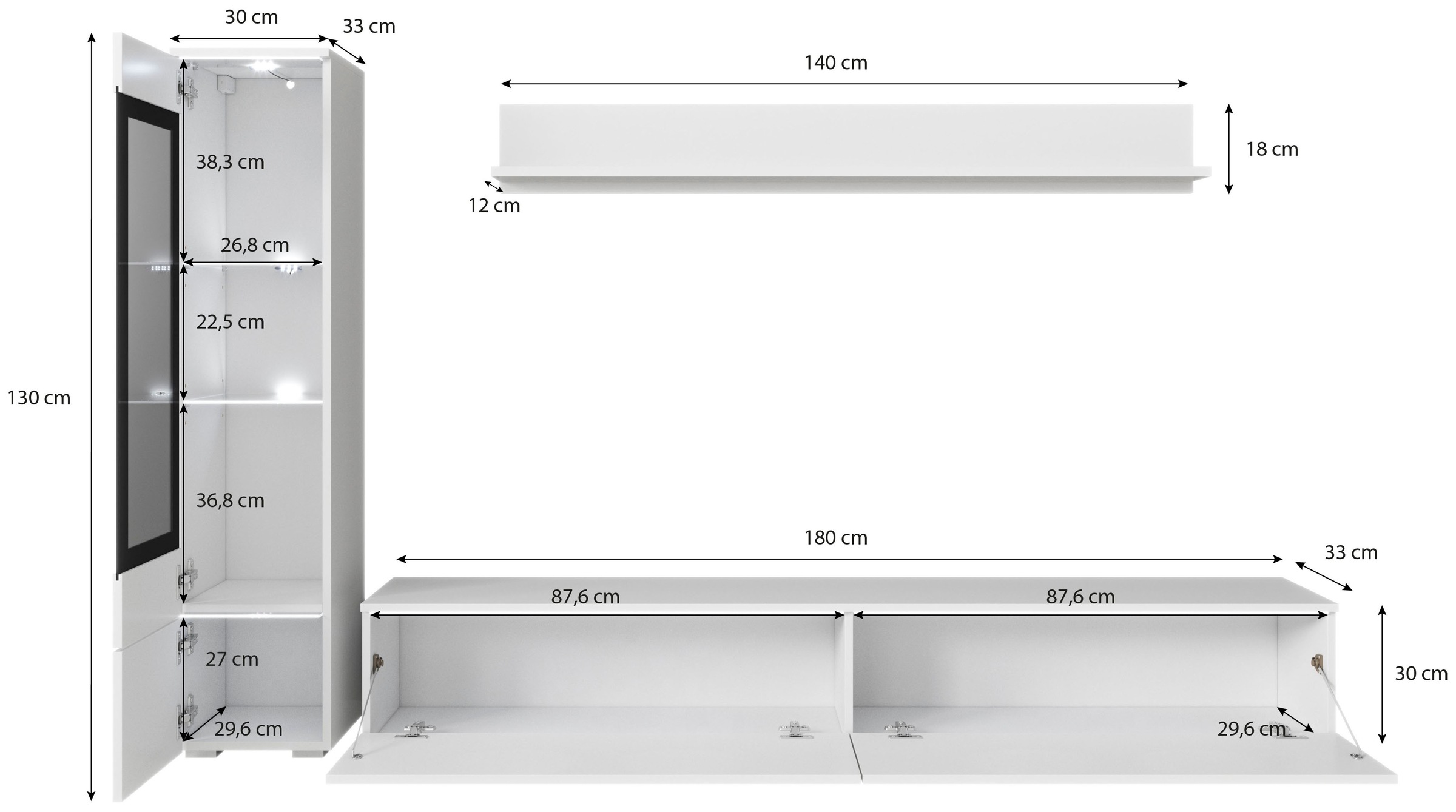 INOSIGN Wohnwand »VERA I, Vitrinen Türanschlag links/rechts wechselbar«, (Komplett-Set, 3 St.), Vitrine mit Verglasung, stehend und hängend, inklusive Beleuchtung