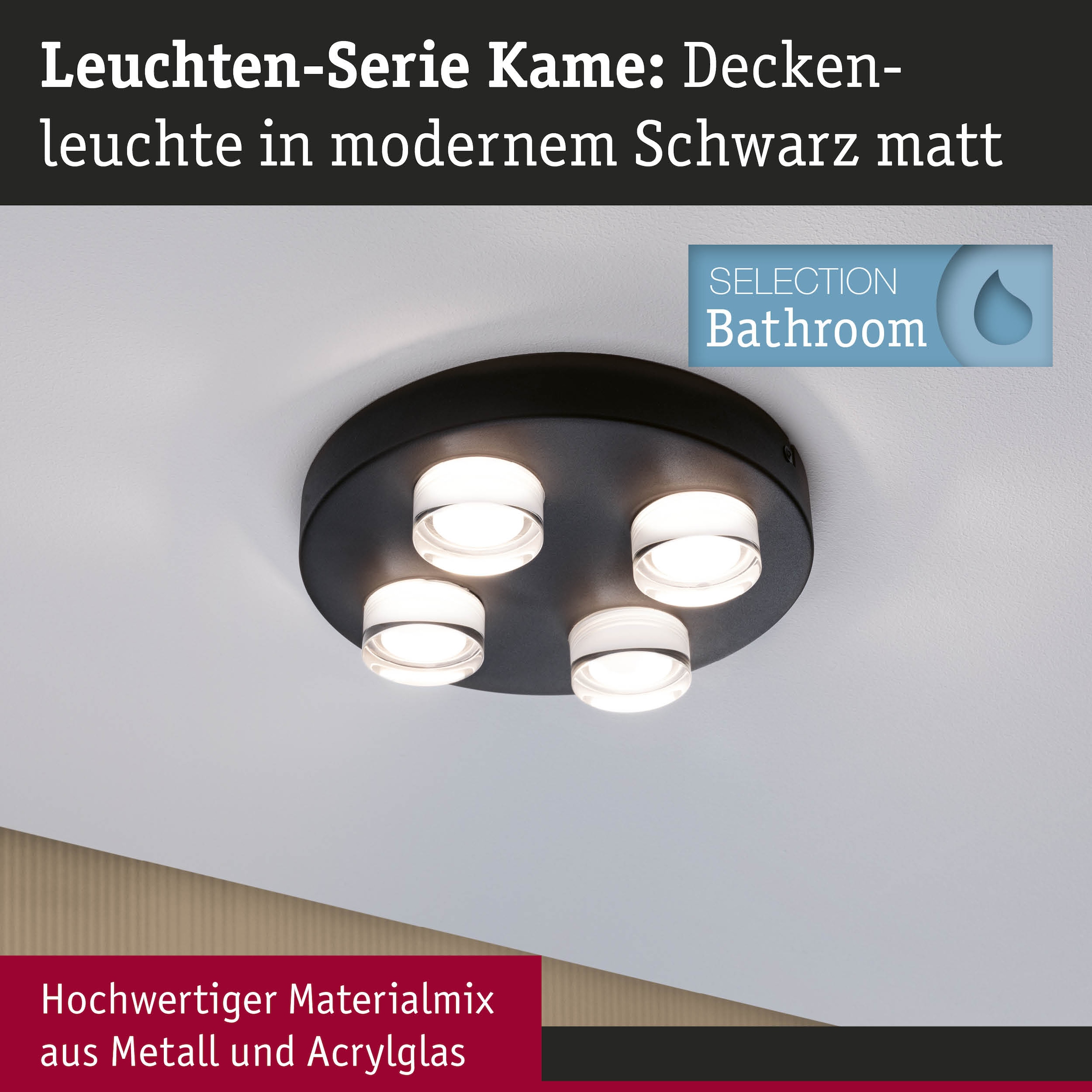 Paulmann LED Deckenleuchte »Selection Bathroom Wand-/Deckenleuchte Kame IP44 Signalschwarz 4er« 1 Stk. Warmweiß