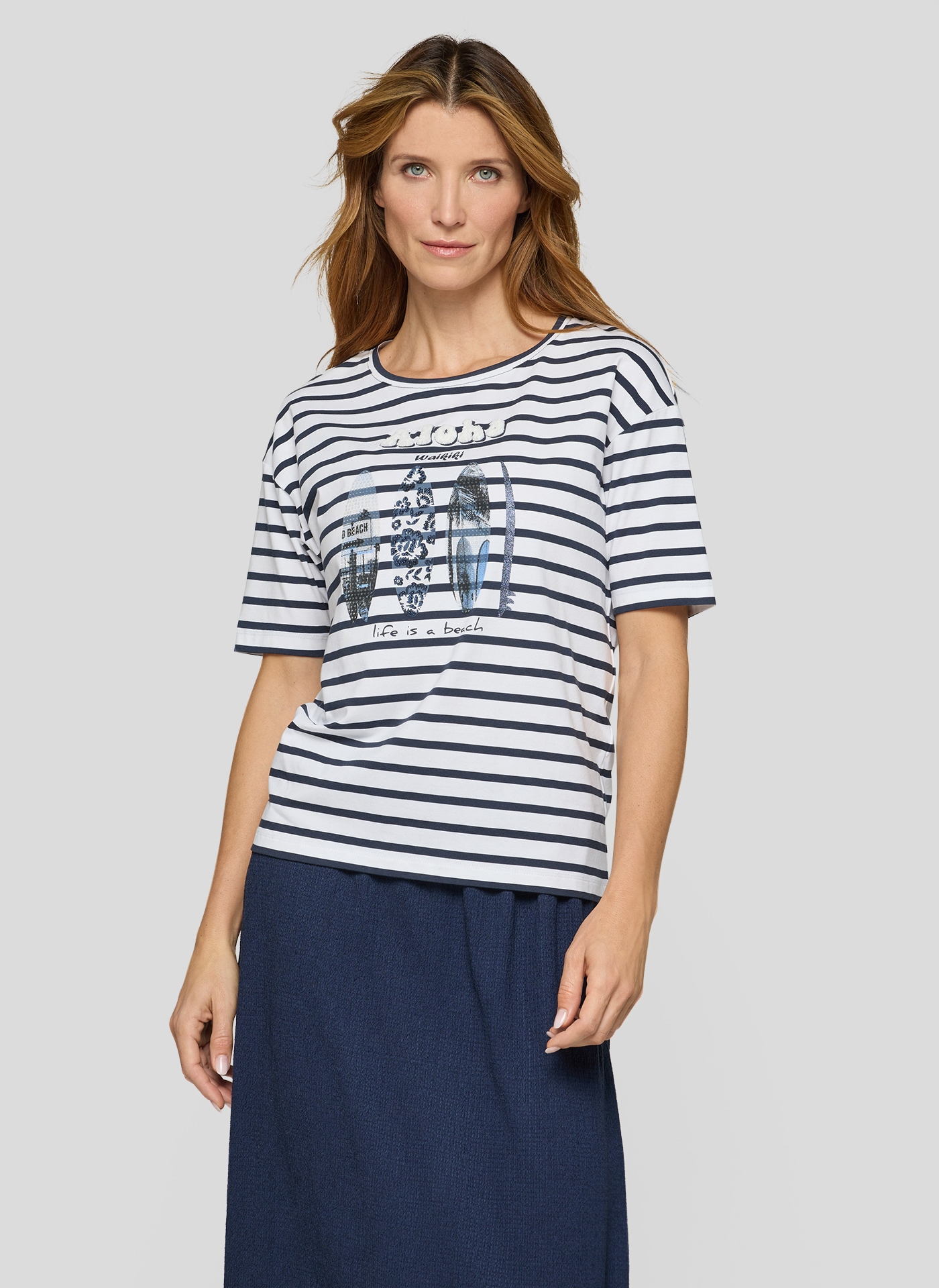 Rabe Kurzarmshirt im Streifen-Design und mit Glitzersteinen