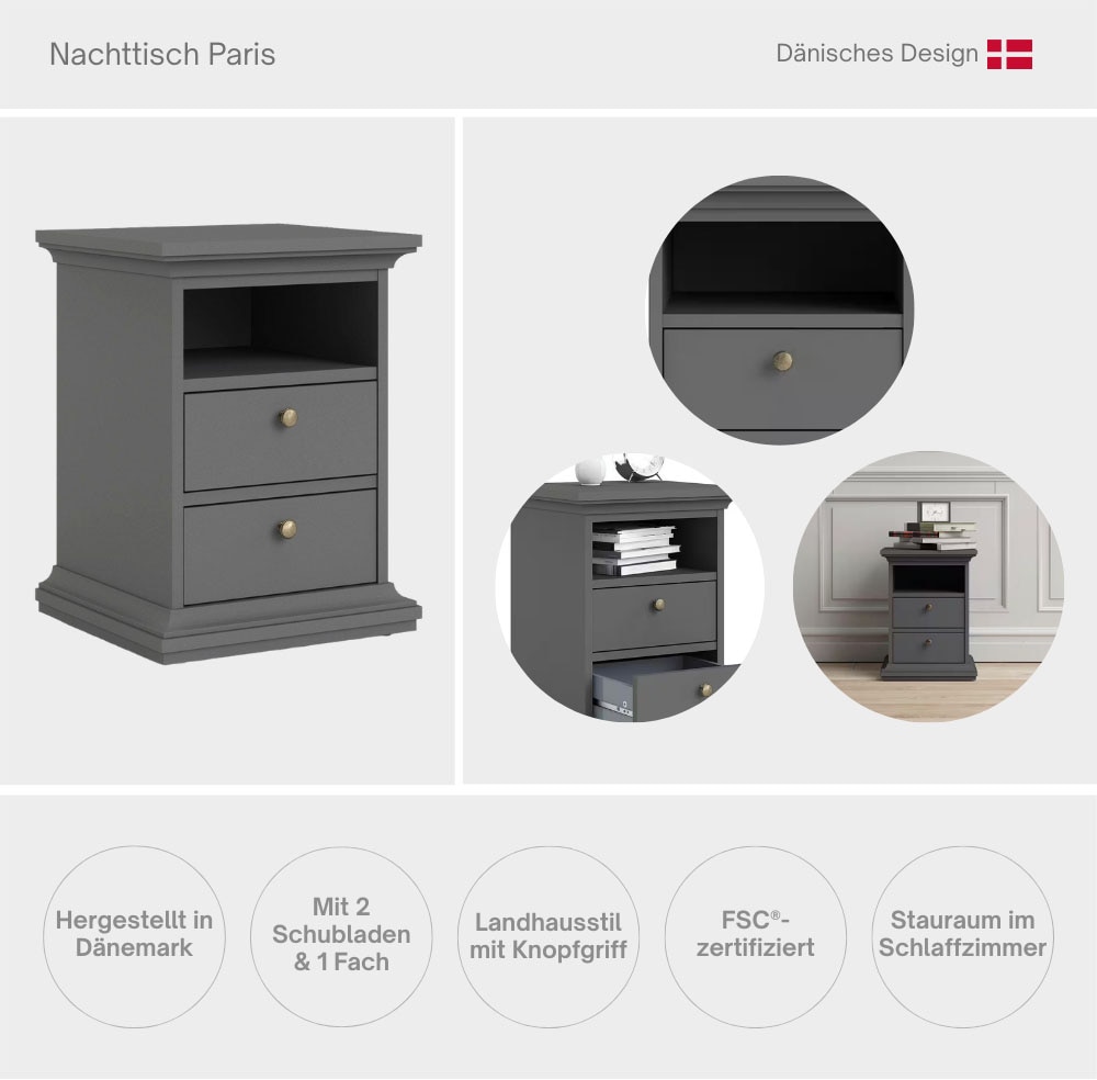 Home affaire Nachttisch »Paris, Nachtkommode, Nachtschrank, Beistelltisch, elegant« Mit 2 Schubladen & 1 Einlegeboden, Landhausstil, runde Griffe, staurum