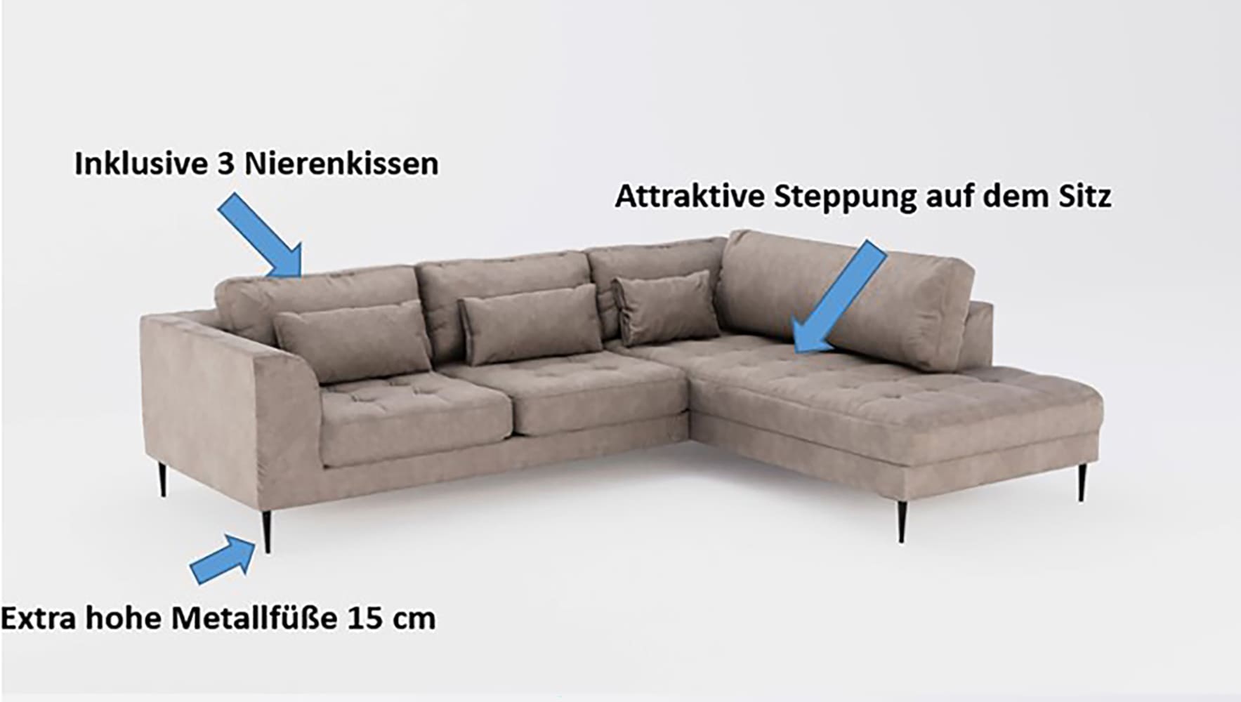 TRENDMANUFAKTUR Ecksofa »Luzi, wahlweise mit Schlaffunktion und Bettkasten, gemütlich, L-Form« Designsofa mit Ottomane, Metallfüße schwarz, Breite 264 cm