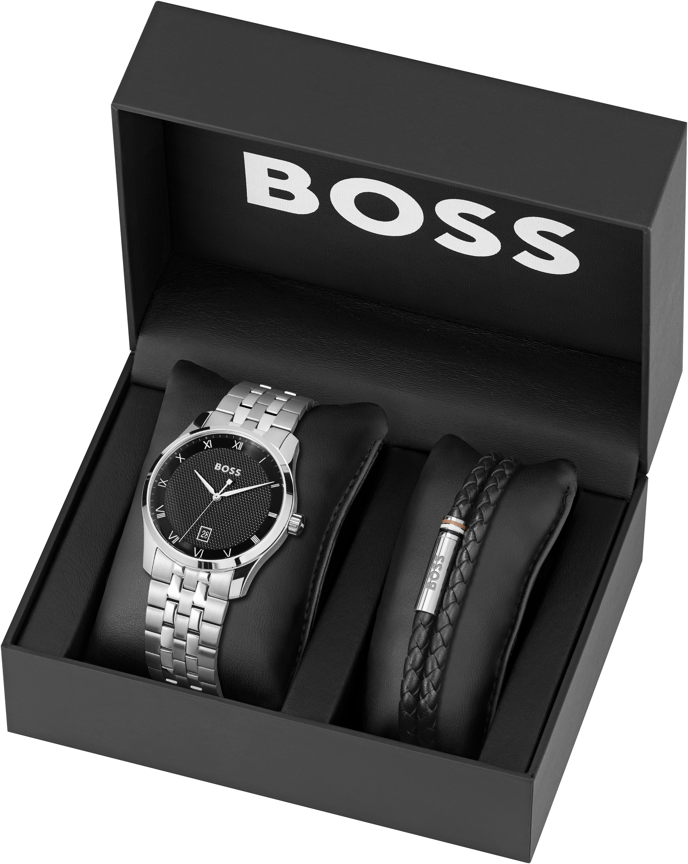 BOSS Quarzuhr »PRINCIPLE«, (Set, 2 tlg., mit Lederarmband), Armbanduhr, Herrenuhr, Edelstahlarmband, ideal auch als Geschenk