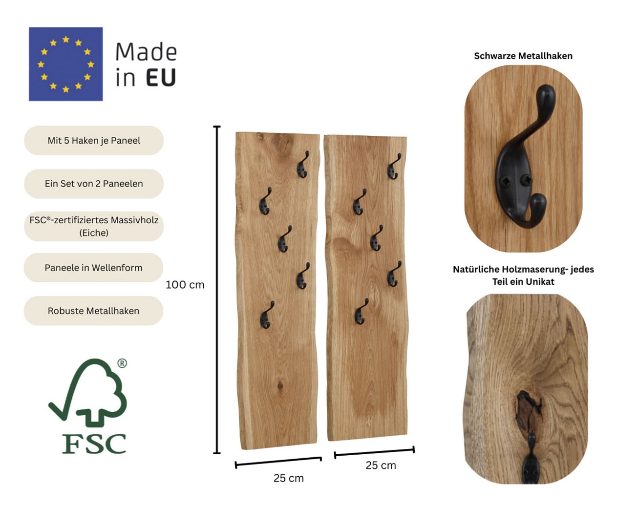 Home affaire Garderobenpaneel »Brodi« Maße pro Paneel (B/T/H): 25/2/100 cm,  aus massiver Eiche in Wellenform, 2er-Set mit je 5 Metallhaken