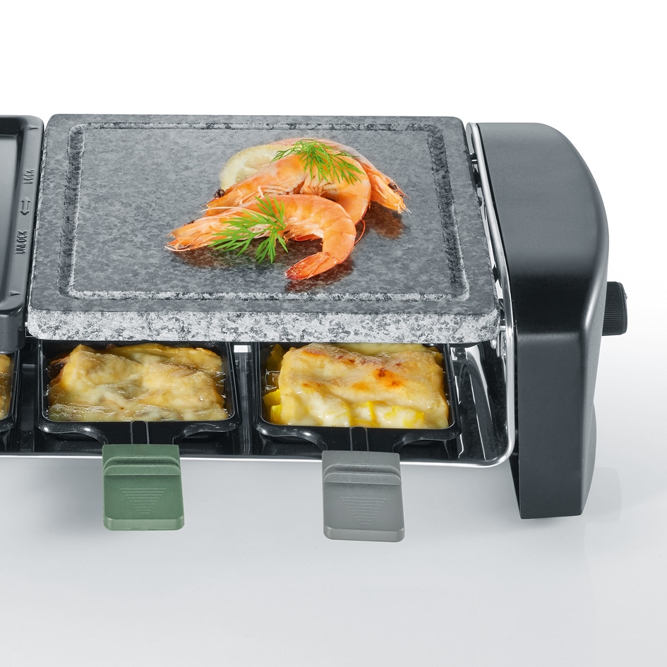 Severin Raclette »RG 9645« 8 Stk. Raclettepfännchen 1.400 W Naturgrillstein & antihaftbeschichtete Grillplatte, 8 Personen, 1400W