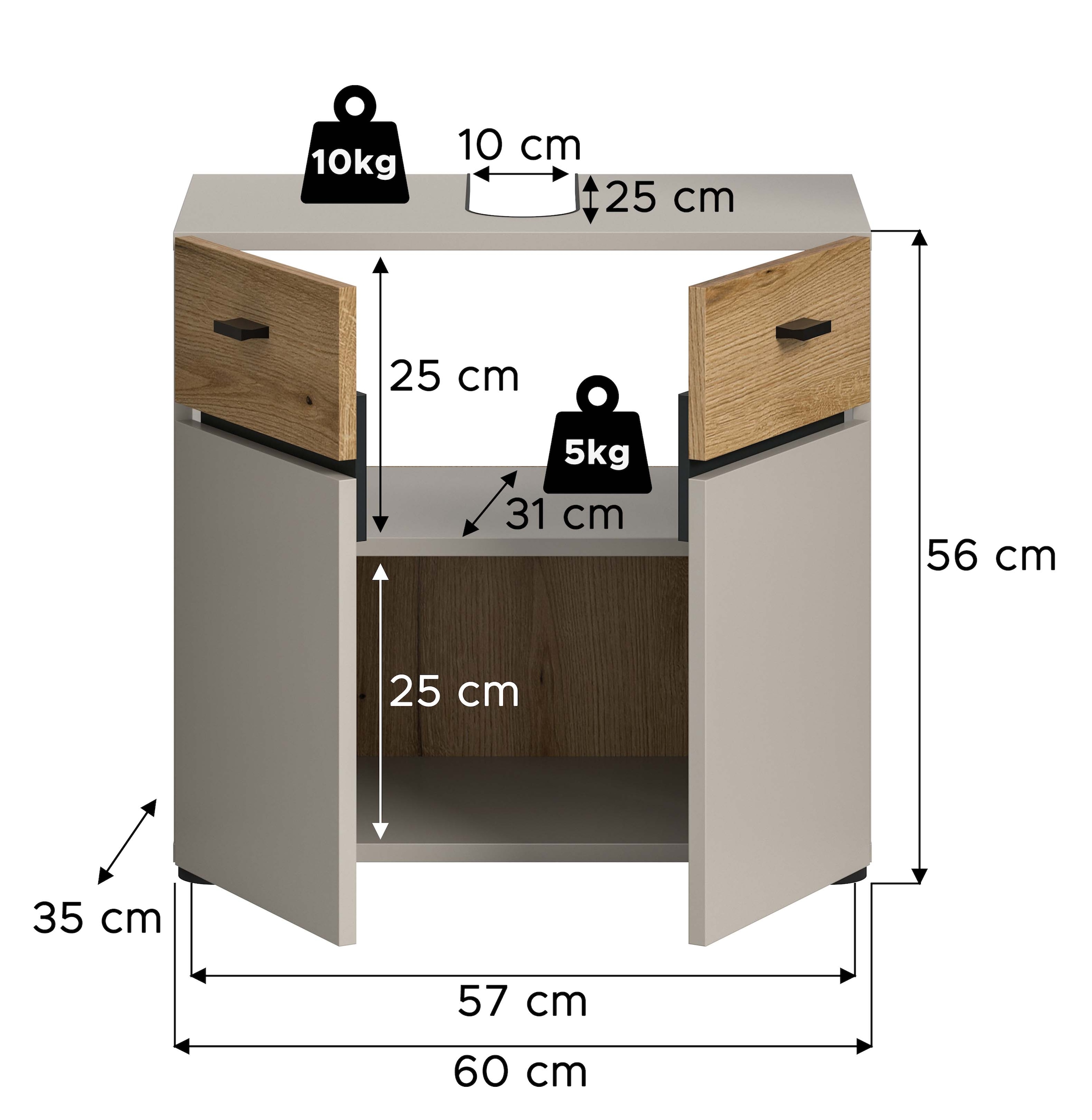 welltime Waschbeckenunterschrank »VANN, Breite 60cm, 2 Türen, 2 Fächer, mit Siphonausschnitt« individuell mit weiteren Artikel der Serie VANN kombinierbar,  Waschtisch, Waschbeckenschrank, Kommode, Schrank, Badezimmer, Bad