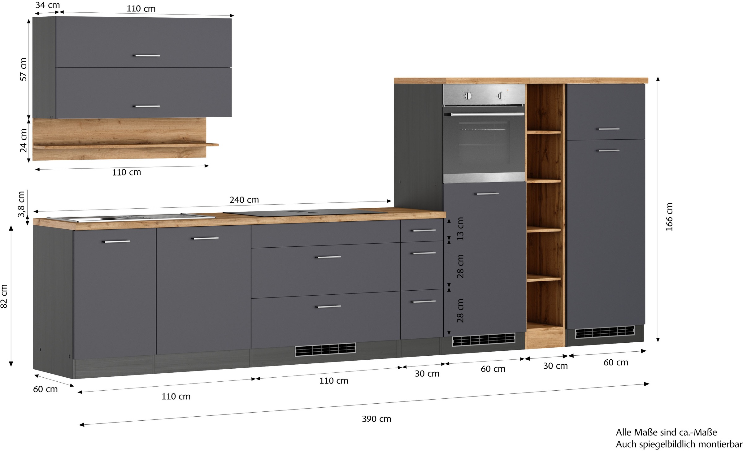 KOCHSTATION Küchenzeile »KS-Milan, optional mit Muldenlüfter« Breite 390 cm, wahlweise mit E-Geräten, Kochfeld mit Dunstabzug