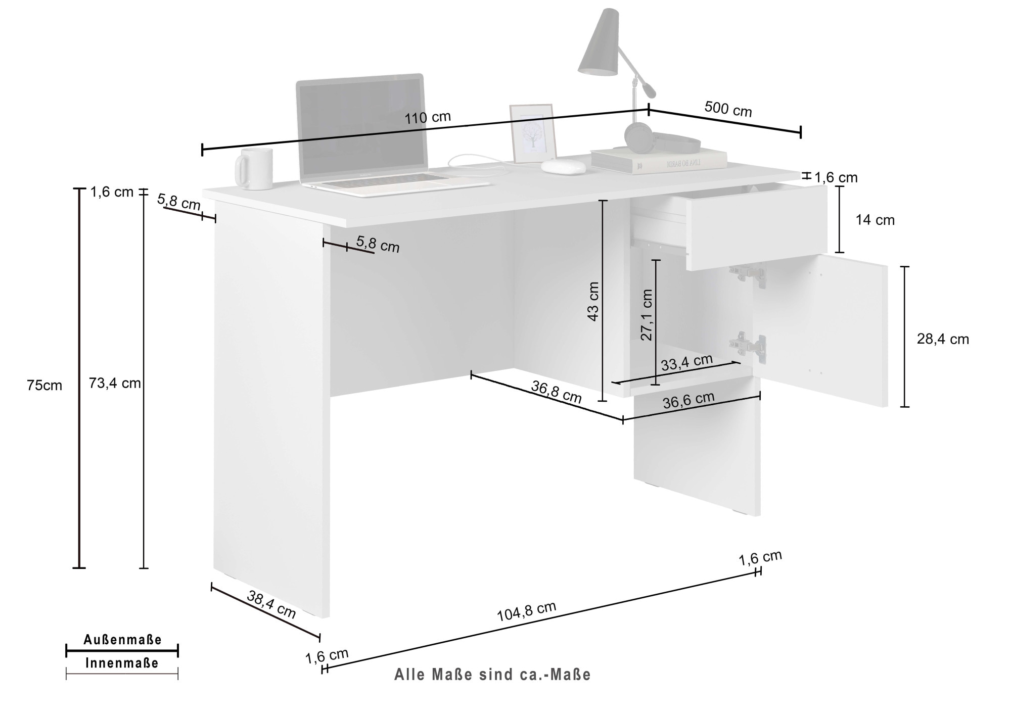 INOSIGN Schreibtisch »Sunrise, kleiner Computertisch, Bürotisch«, mit 1 Tür & 1 Schublade, Tischplatte Breite 110 cm, Made in Italy