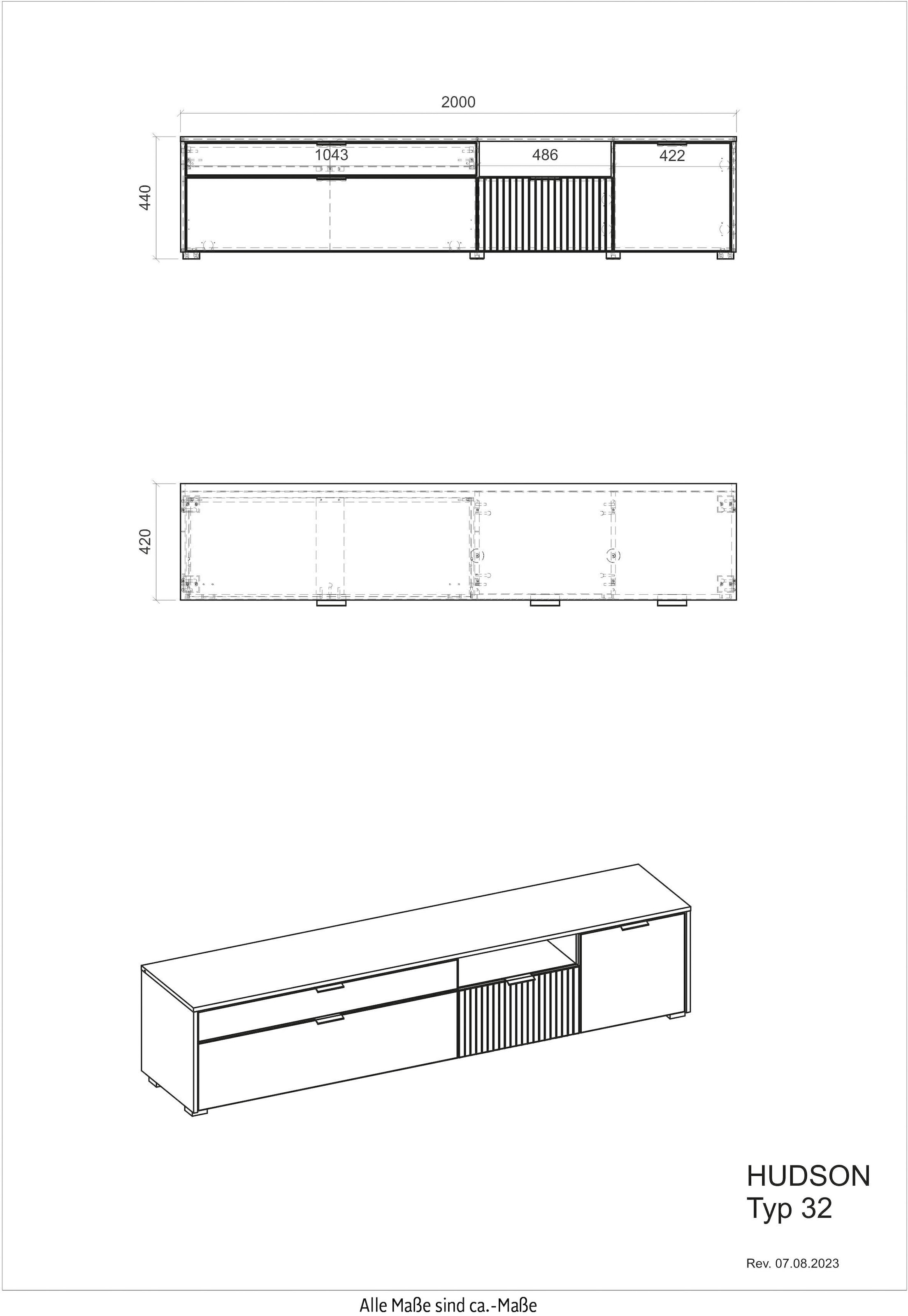 INOSIGN Lowboard »Hudson«, in moderner Trendfarbe, Griffe aus Metall (Schwarz), Breite 200 cm