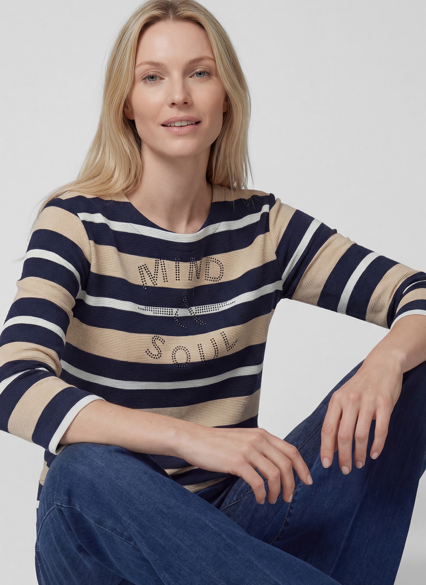 Rabe 3/4-Arm-Shirt im Streifen-Look und mit Glitzersteinen