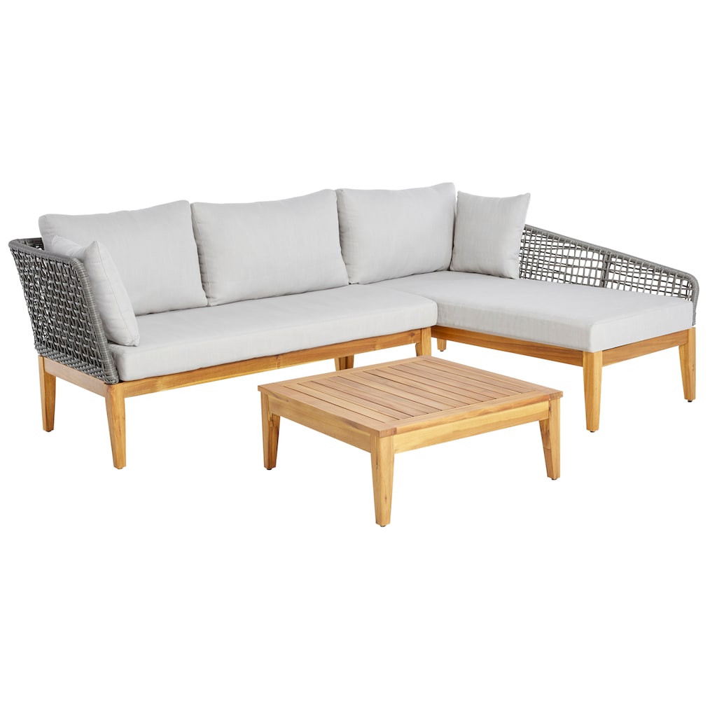 Timbers Gartenlounge-Set »Sunnyvale«, (Set, 3 tlg., 2x Sofa, 1x Tisch/Hocker 70x70x28 cm), inkl. Auflagen, Gestell aus hochwertigem Massivholz