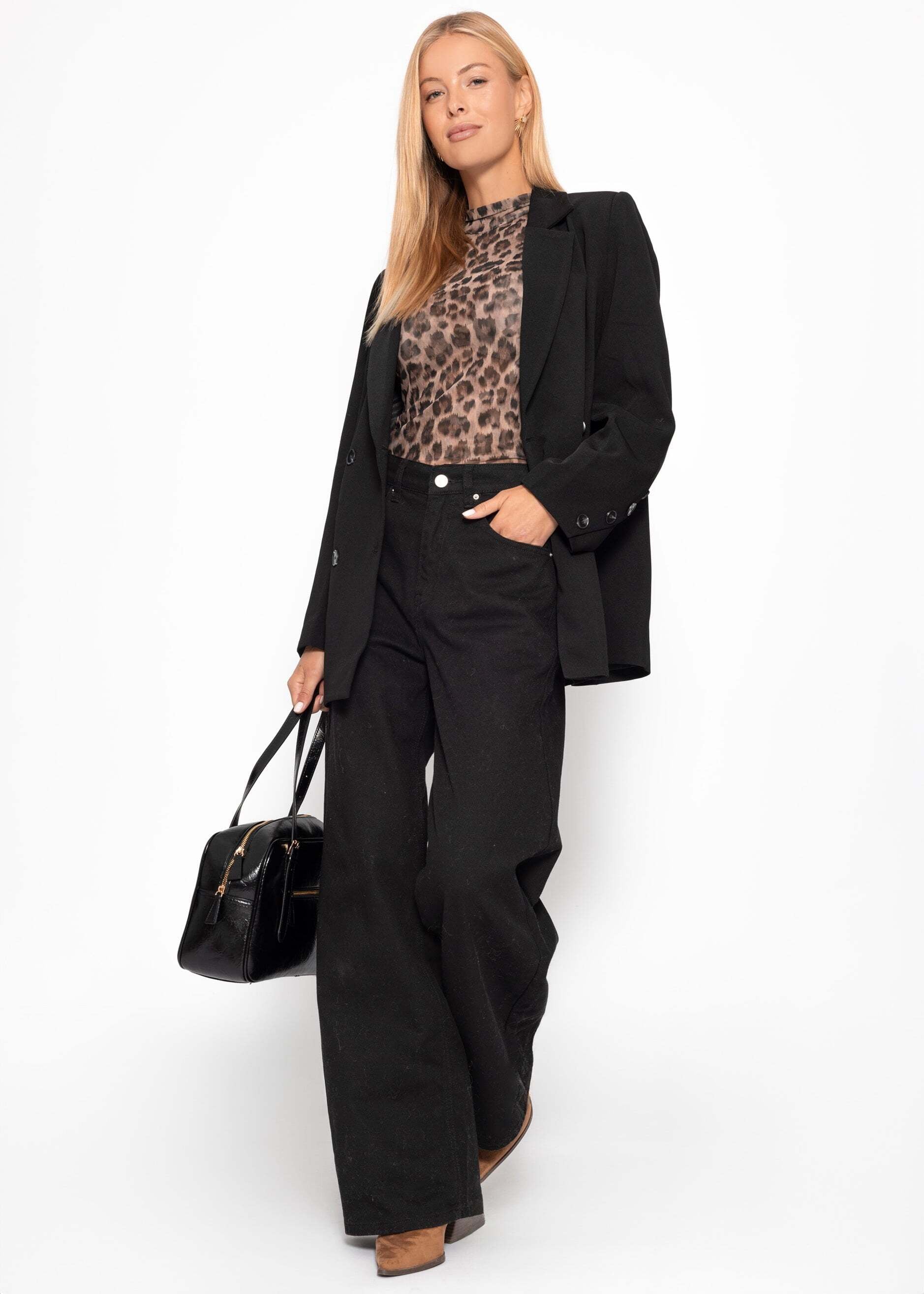 SASSYCLASSY Langarmshirt »Langarm-Mesh-Shirt mit auffälligem Leo-Print« Transparente Langarm-Leopardenbluse Damen