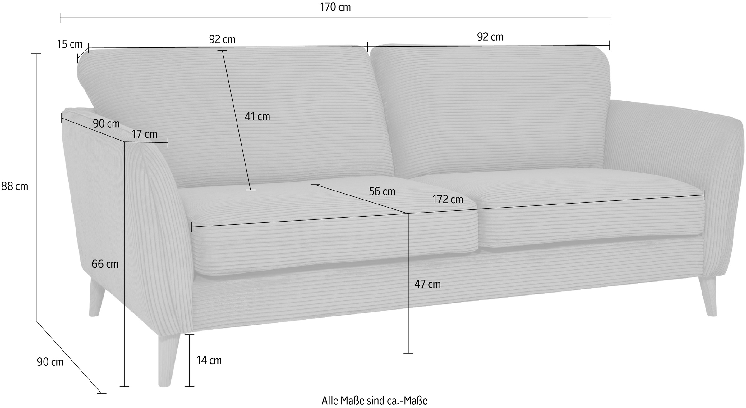 Home affaire 2-Sitzer »MARSEILLE Kompaktsofa 170 cm, Cord, Flachgewebe, Struktur, Webstoff« Massivholzbeine Eiche, Landhausstil, Wellenunterfederung