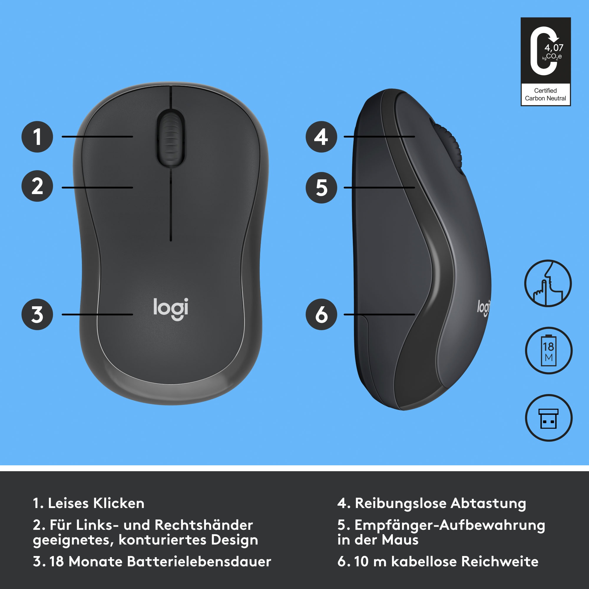 Logitech Maus »M220 SILENT Kabellose Maus, Für Links- & Rechtshänder«, RF Wireless