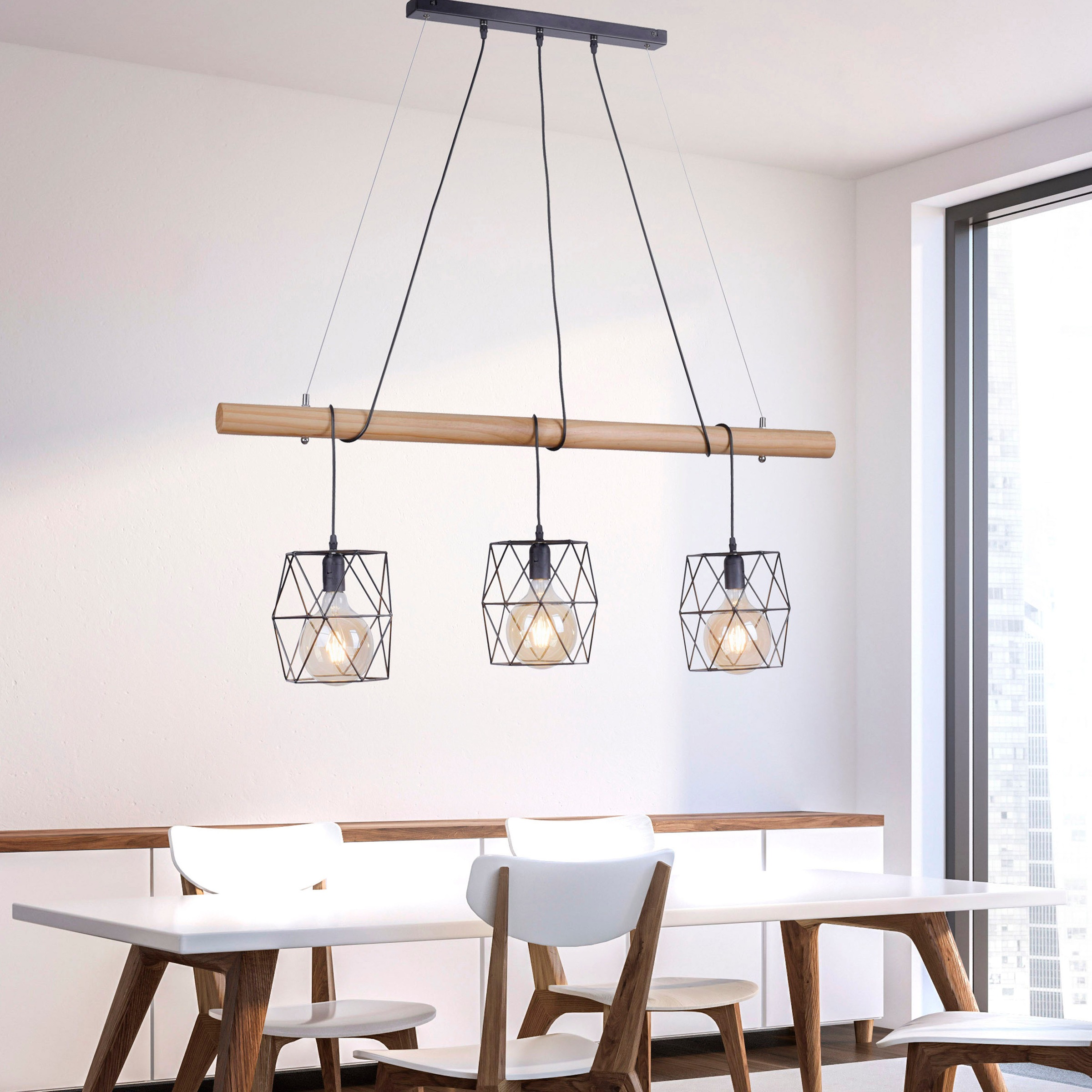 JUST LIGHT LED Pendelleuchte »EDGAR«, 3 flammig, Leuchtmittel E27 | ohne Leuchtmittel, Kombination aus lackierten Metallkörbchen & rustikalem Pinienholz