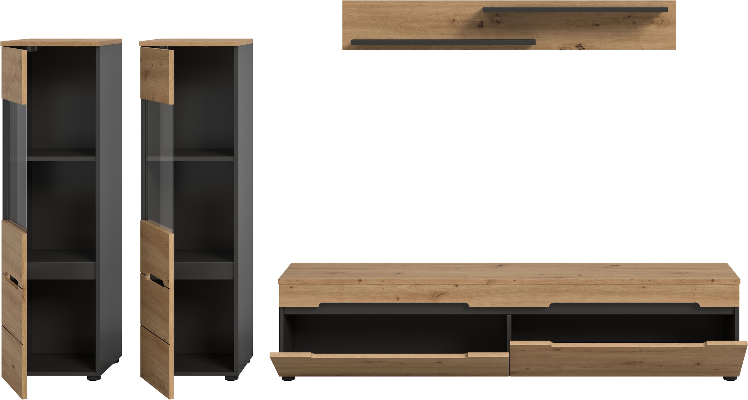 INOSIGN Wohnwand »REHAT, TOPSELLER!, 4-teilig, wahlweise stehend und hängend montierbar« Set bestehend aus: 2x Vitrine, Lowboard und Wandboard, 3 Stk. tlg.