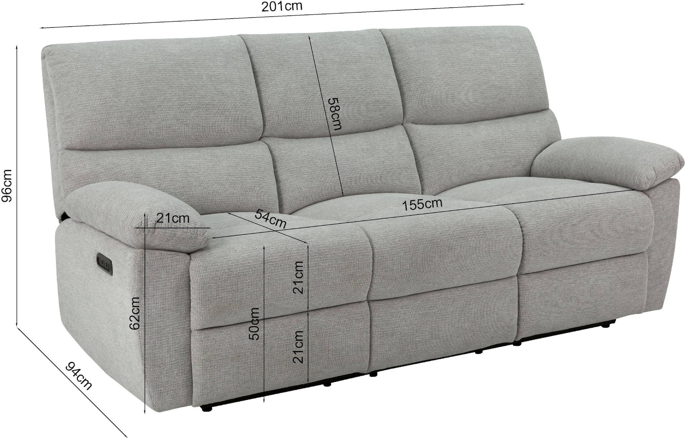 Home affaire 3-Sitzer »LANNOY, manuelle o. elelektrische Relaxfunktion in 2 Sitzen, USB A/C«, Liegefunktion (105°-150°), Reclinersofa, Webstoff, Federkern