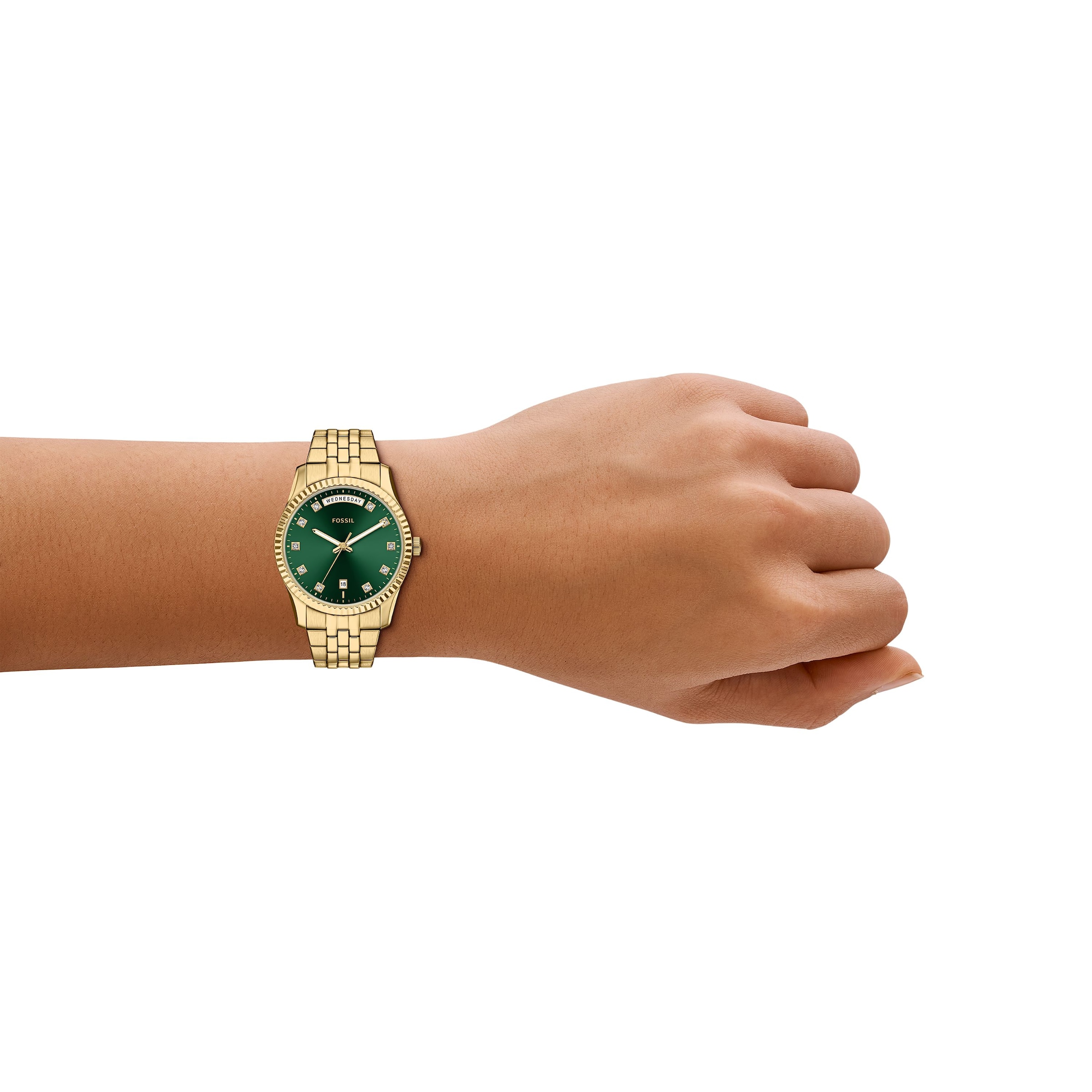 Fossil Quarzuhr »Scarlette« Armbanduhr, Damenuhr, Edelstahlarmband, analog, Tag, Wochentag