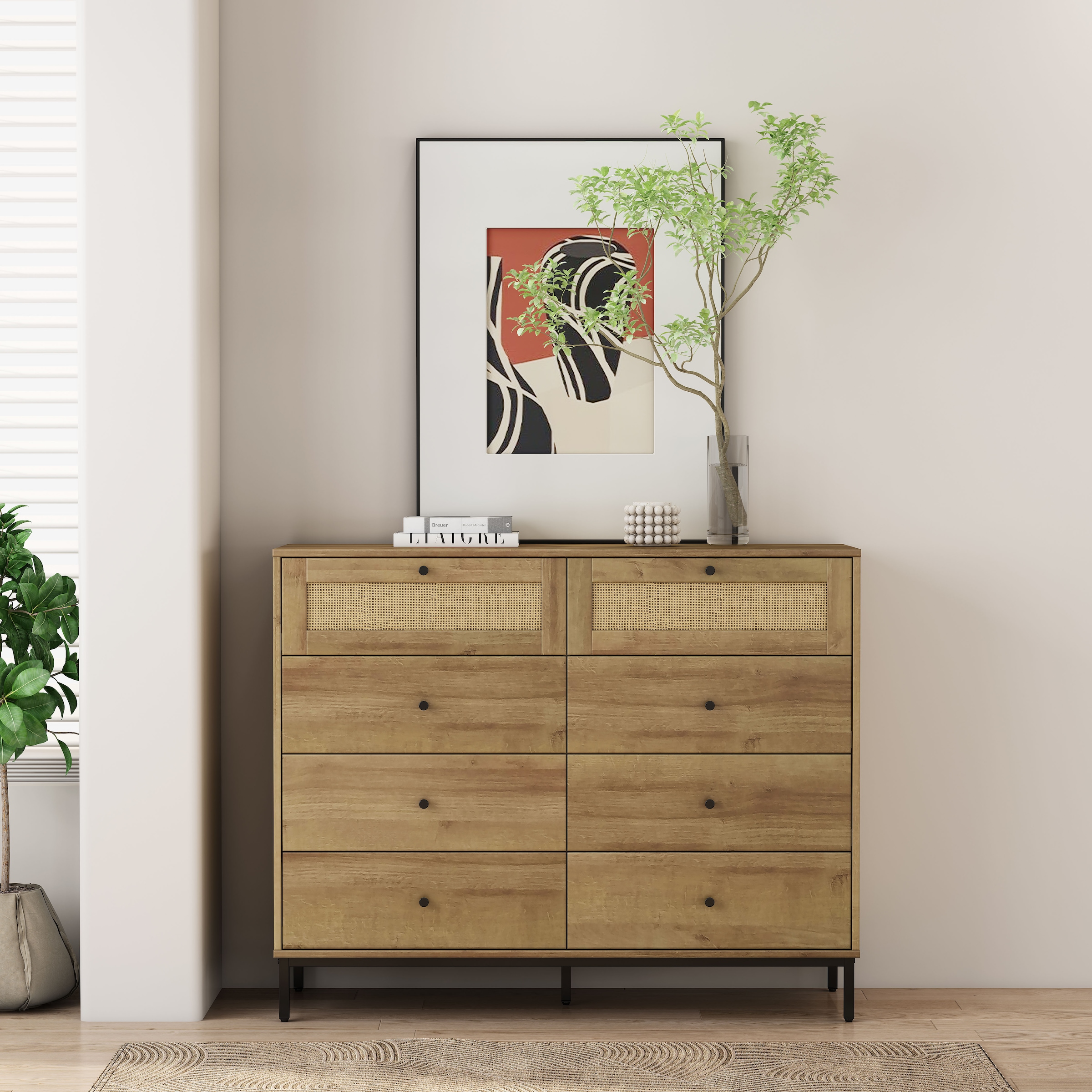 OTTO home Kombikommode »Motala Wäsche Schrank mit 8 Schubladen Sideboard BOHO Design« Eichen-Design mit schwarzen Griffen und Geflecht Schubladen,  Kommode Schrank Wäscheschrank mit 8 Schubladen