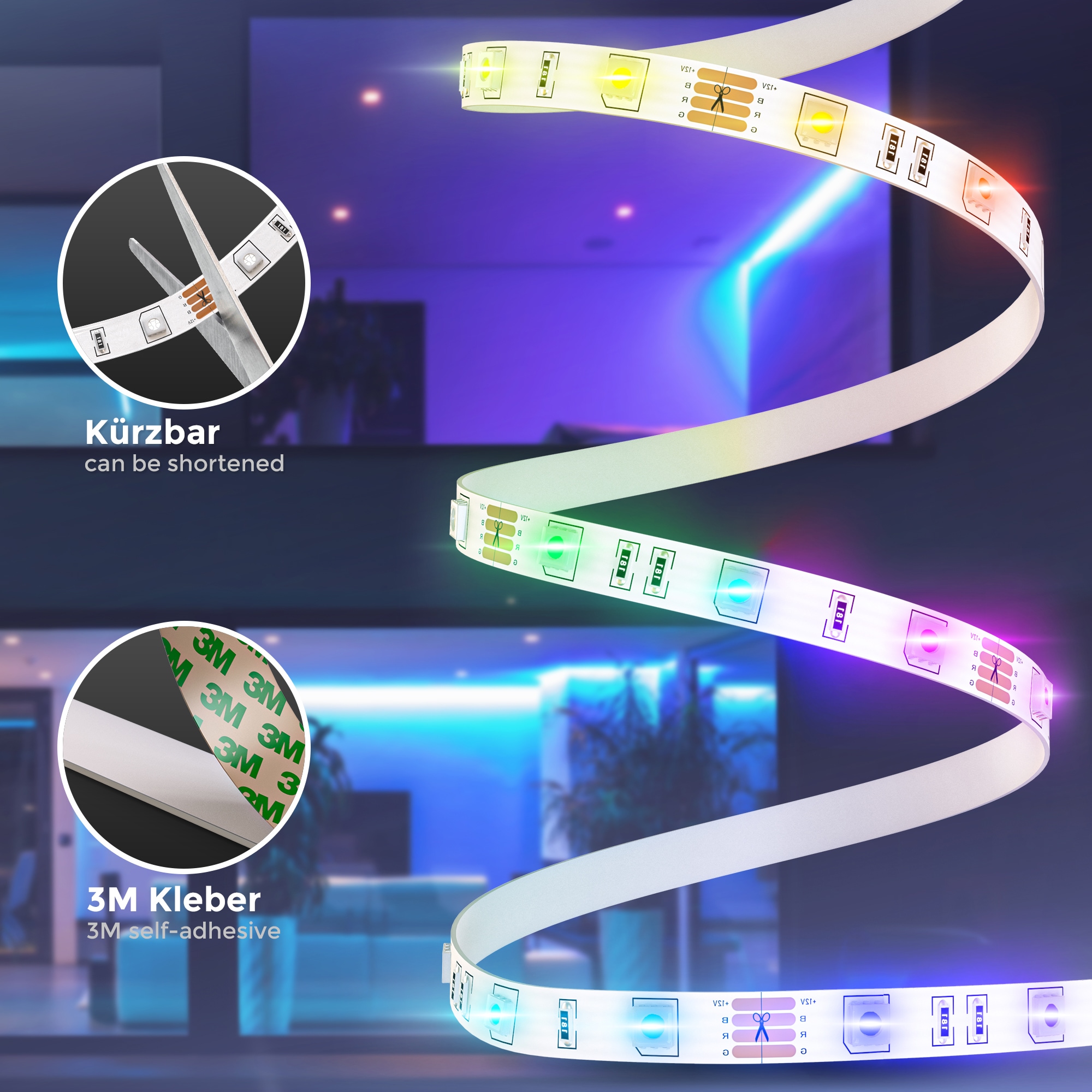 LED selbstklebend, RGB, bestellen Band | 3m, UNIVERSAL Fernbedienung, B.K.Licht kürzbar Stripe, Farbwechsel, LED