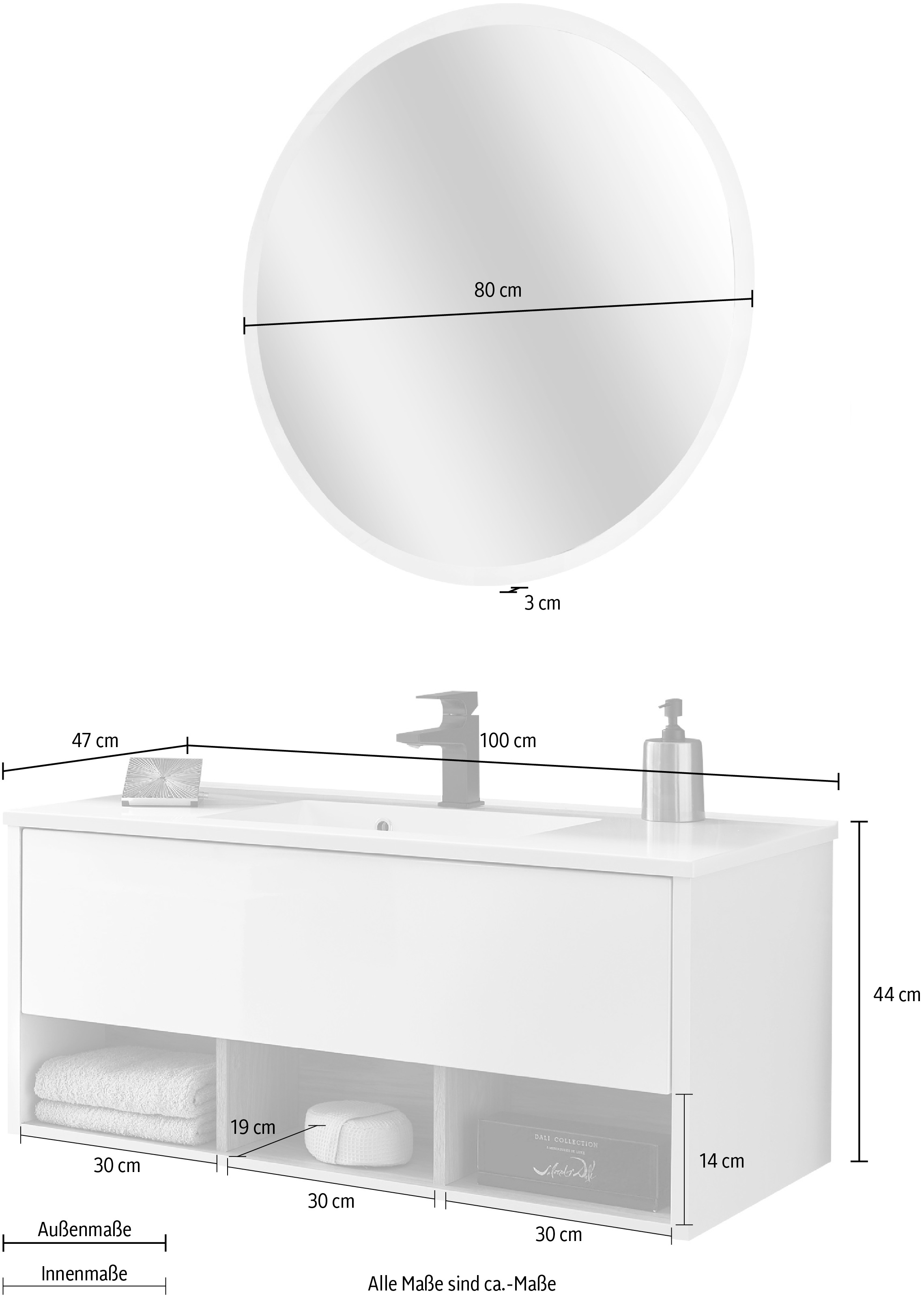 PLACES OF STYLE Badmöbel-Set »Studio Line, Bad im modernen Design, 2-teiliges Badezimmer« in 2 Farben und 2 Spiegelformen lieferbar, 2 Stk. tlg.