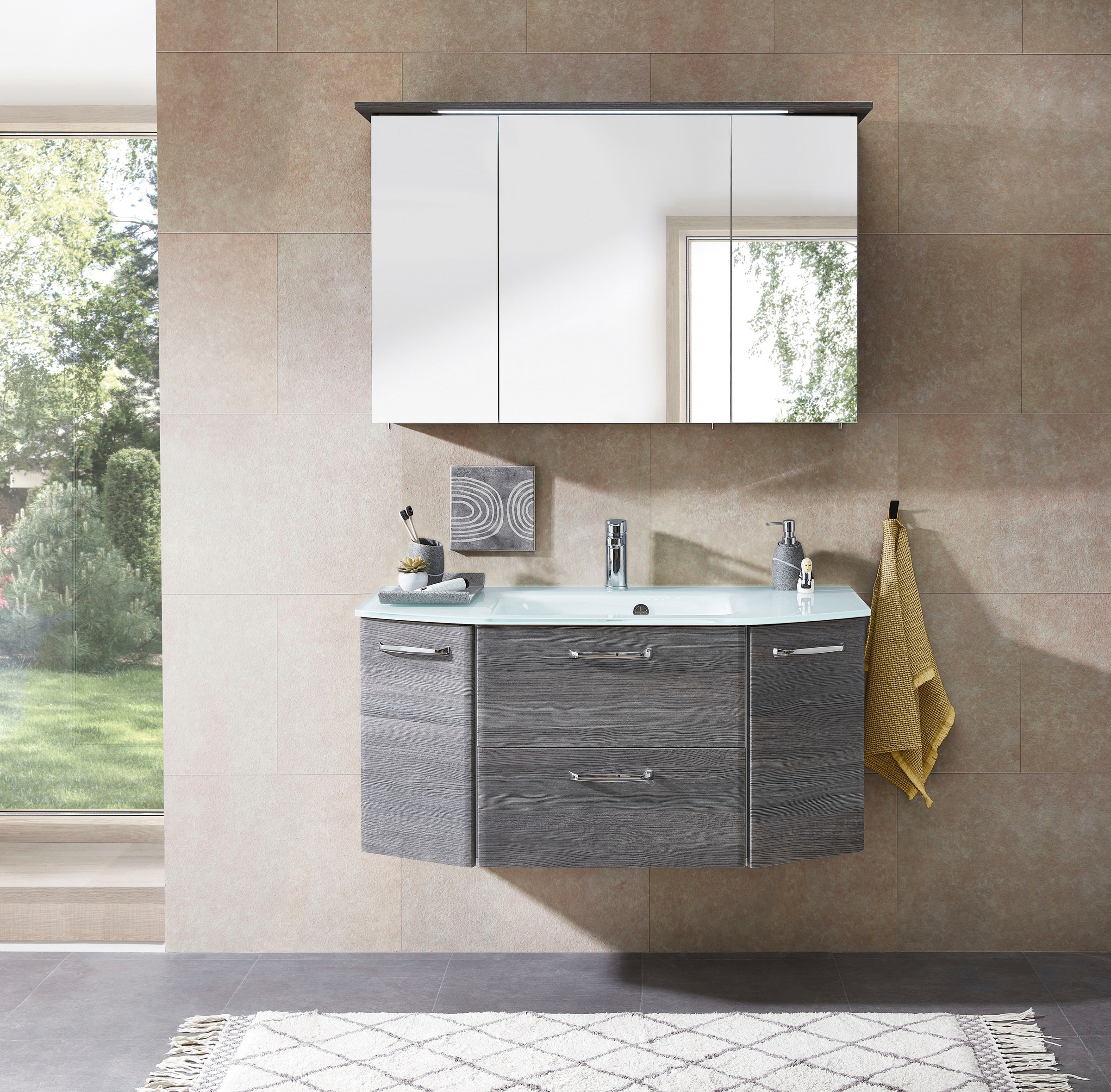 Saphir Spiegelschrank »Quickset 328 Badezimmer Spiegelschrank inkl. LED-Beleuchtung, 620LM«, 115 cm breit, Graphit Struktur quer Nachbildung, inkl. Türdämpfer