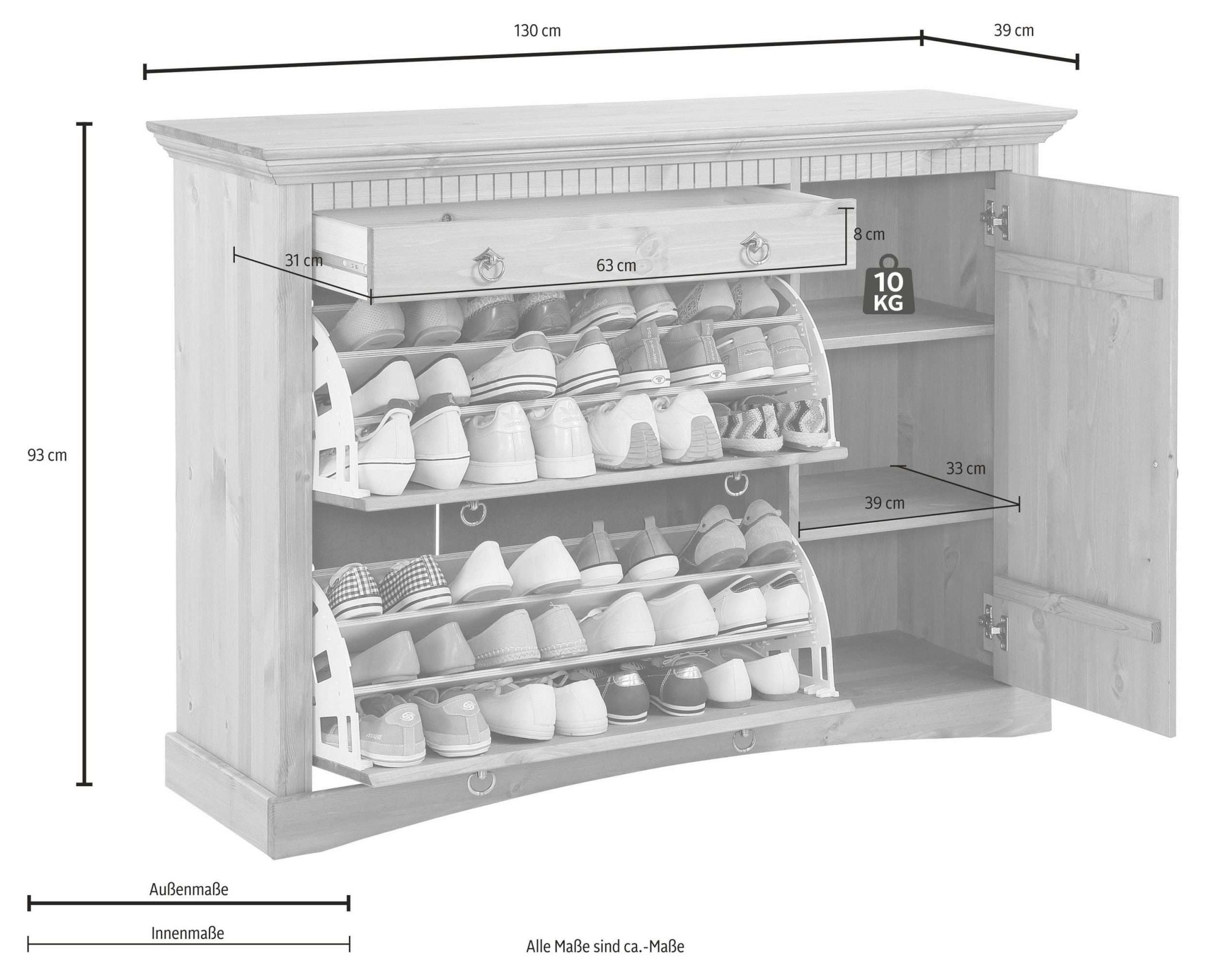 OTTO home Schuhkommode »Rustic, Kommode, Landausstil« Bis max. Schuhgröße 42,  aus massiver Kiefer, Breite 130 cm, für ca. 2 x 12 Paar Schuhe