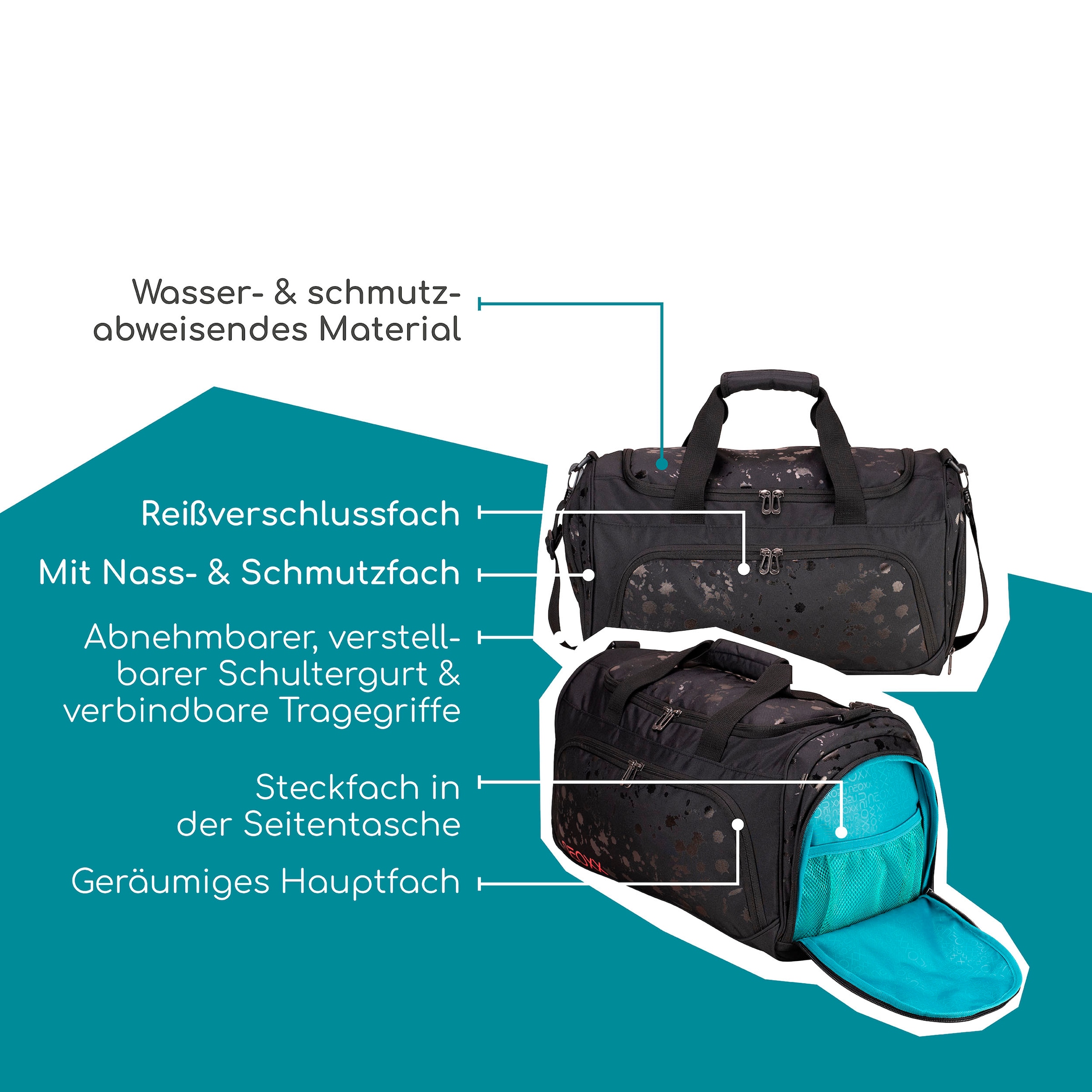 neoxx Sporttasche »Move, Splash Black«, teilweise aus recyceltem Material