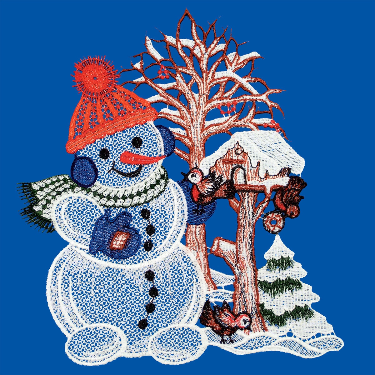 W. Reuter & Sohn - Plauener Spitze® Fensterbild »Fensterbild "Schneemann mit Vogelhaus" farbig«