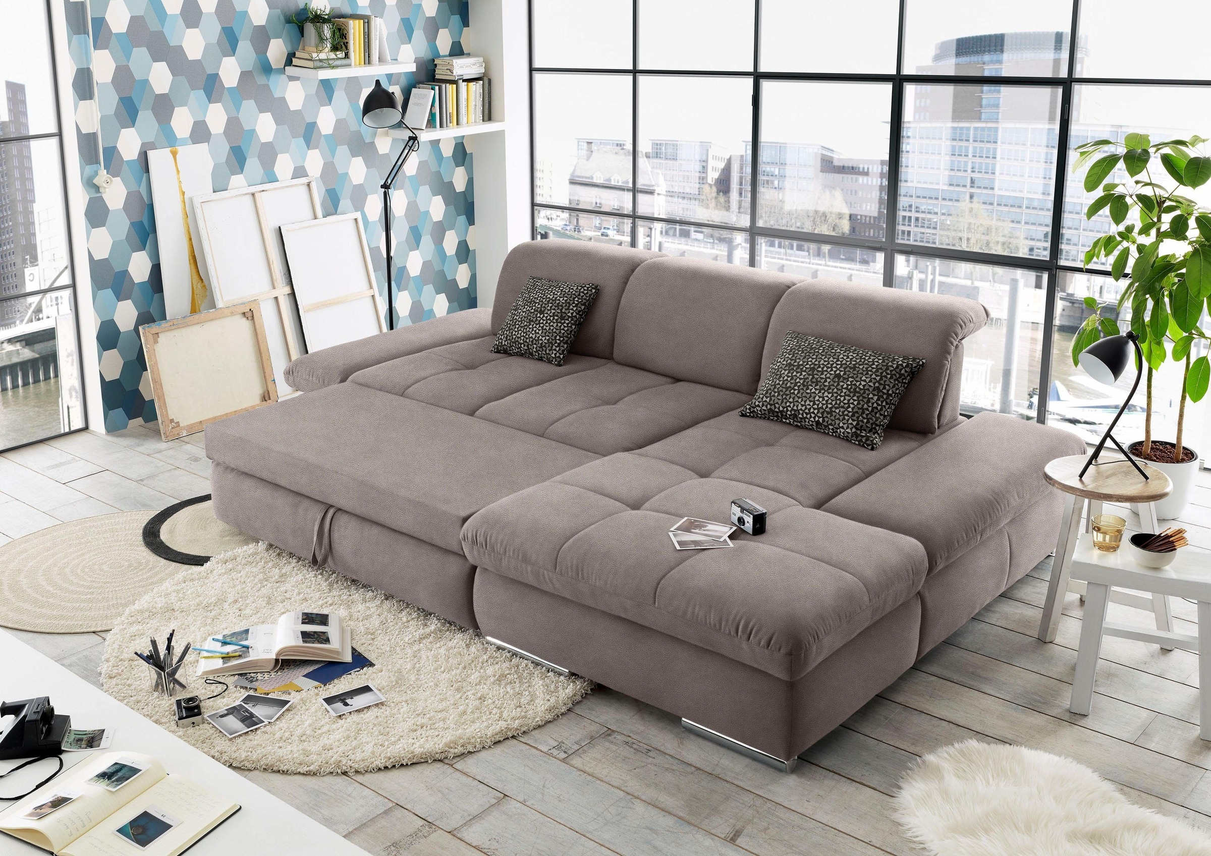 set one by Musterring Ecksofa »SO4100 V«, mit verstellbaren Kopfteilen, wahlweise mit Funktionen, Cord-Bezug