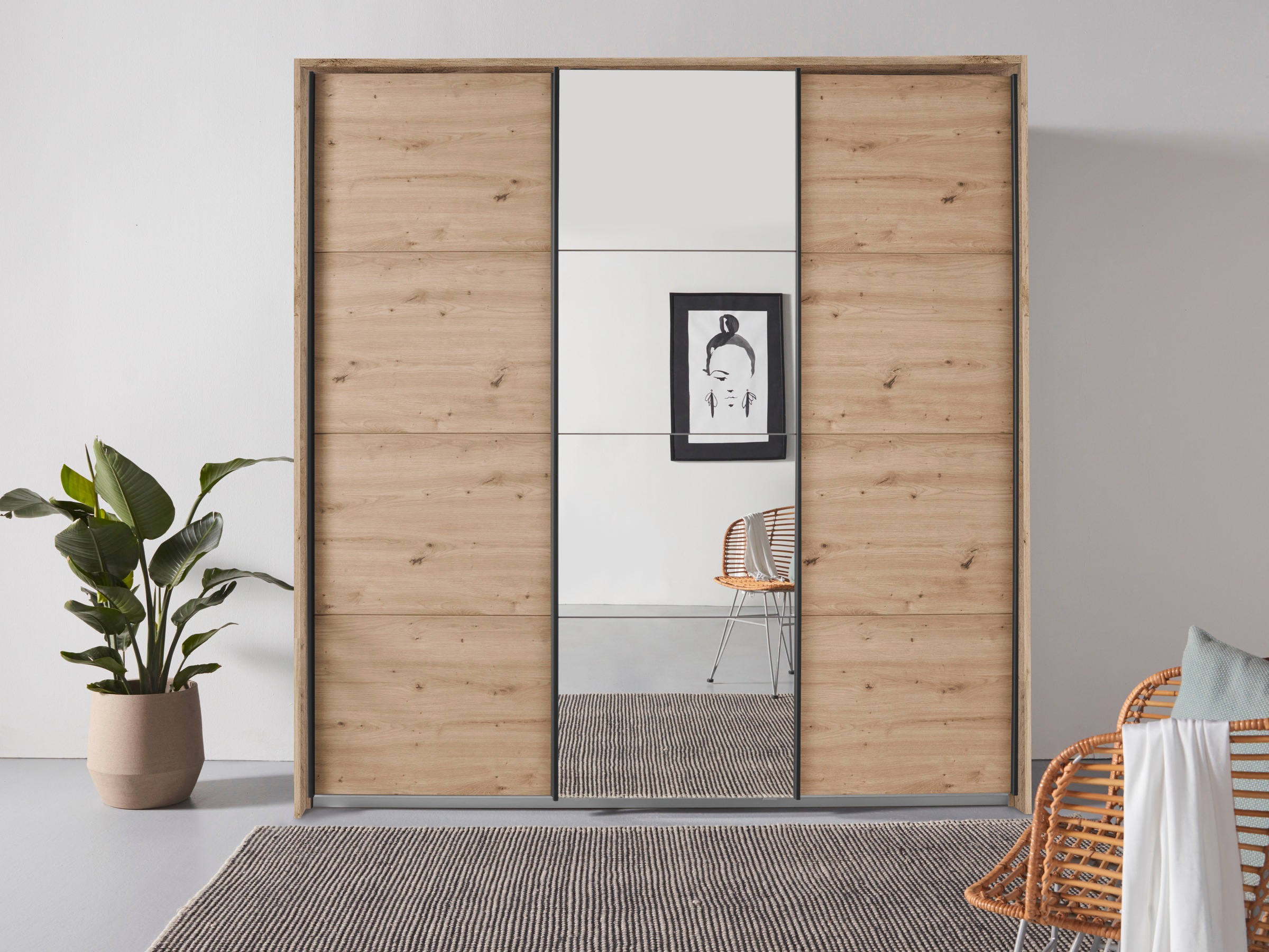 rauch Schwebetürenschrank »Kleiderschrank Schrank Garderobe OTELI inkl. 3 Innenschubladen« Breiten 211/278/323/368 cm Höhen 214/233 cm,  mit Mittelspiegel und Passepartout optional mit Beleuchtung