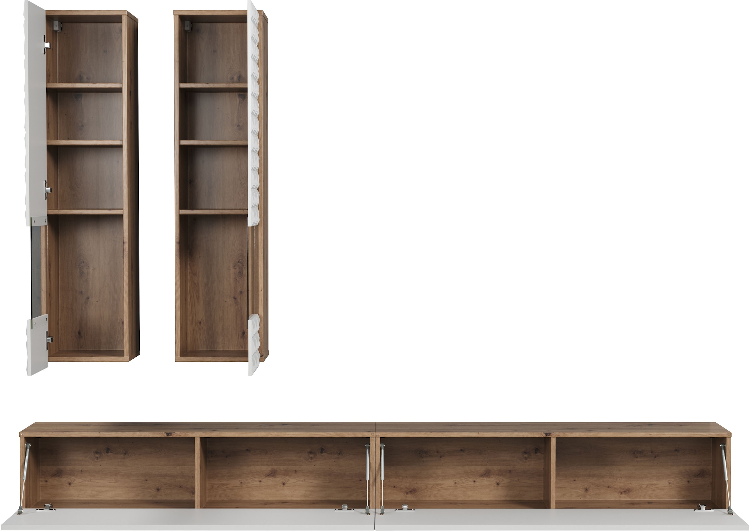 INOSIGN Wohnwand »Rezzo, 2 Hängevitrinen mit Relief-Front, 2 Lowboards je Br. 120 cm«, (Komplett-Set, 4 St.), insgesamt Br. 240 cm, Montage stehend oder hängend