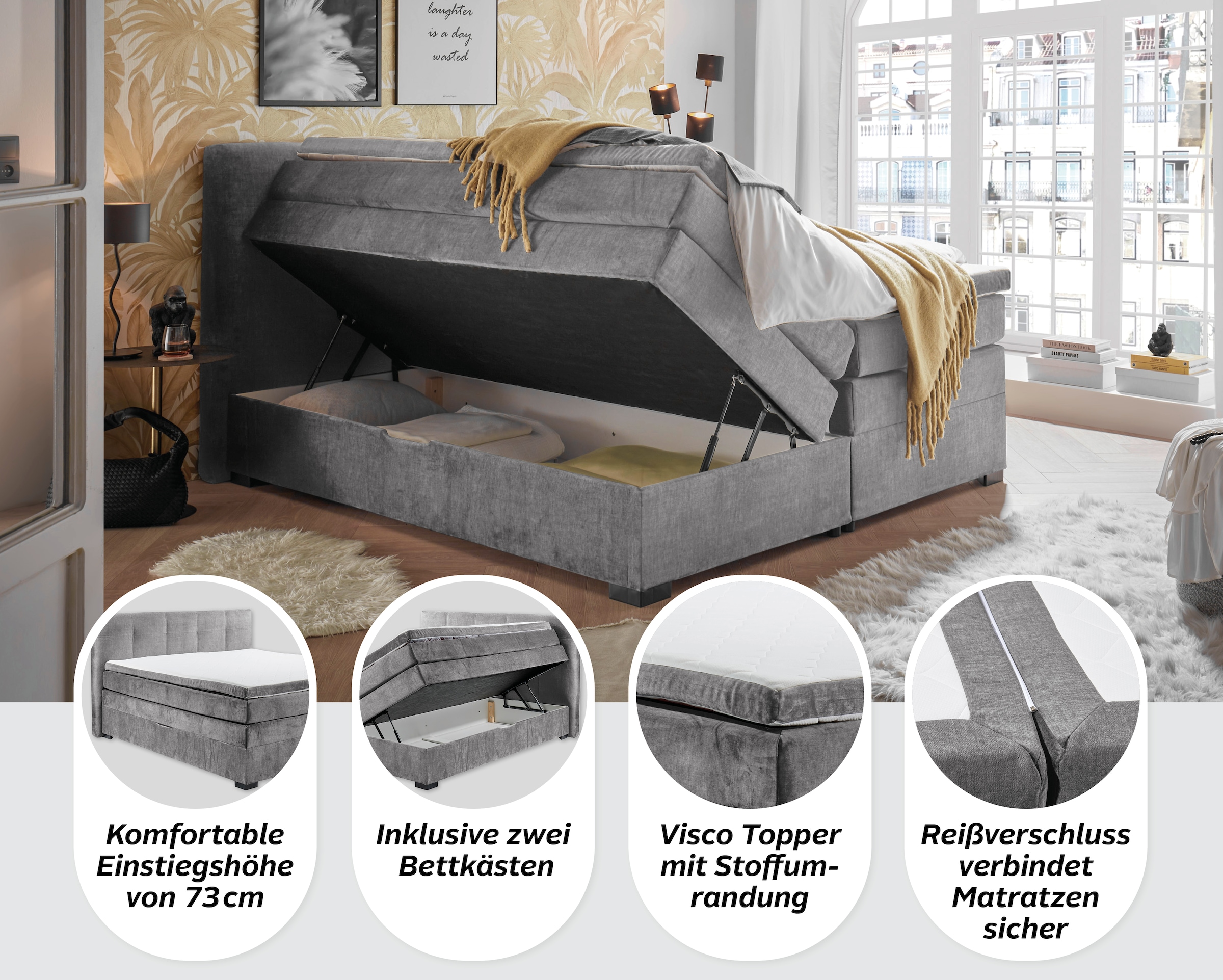 ED EXCITING DESIGN Boxspringbett »Fanes mit Komforteinstiegshöhe von 73cm« erhältlich in 180x200cm, inkl. Bettkasten und 7cm Visco-Topper