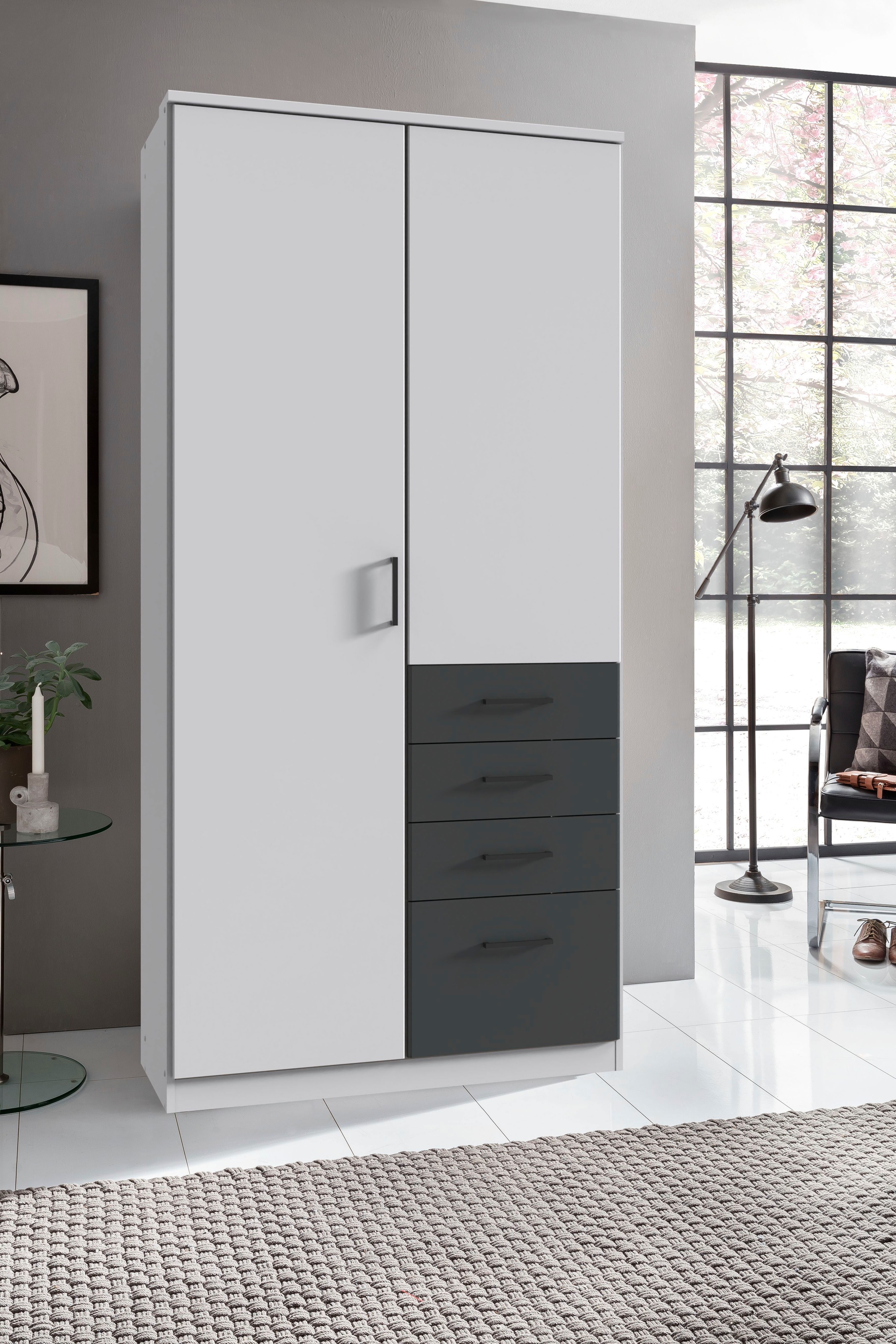 Wimex Kleiderschrank »Cottbus, in weiß oder grau modern kombiniert mit graphitfb.Schubladen« in 3 Größen, schwarze Griffe, Made in Germany,  mit 4 Schubladen, wahlweise mit oder ohne Spiegel