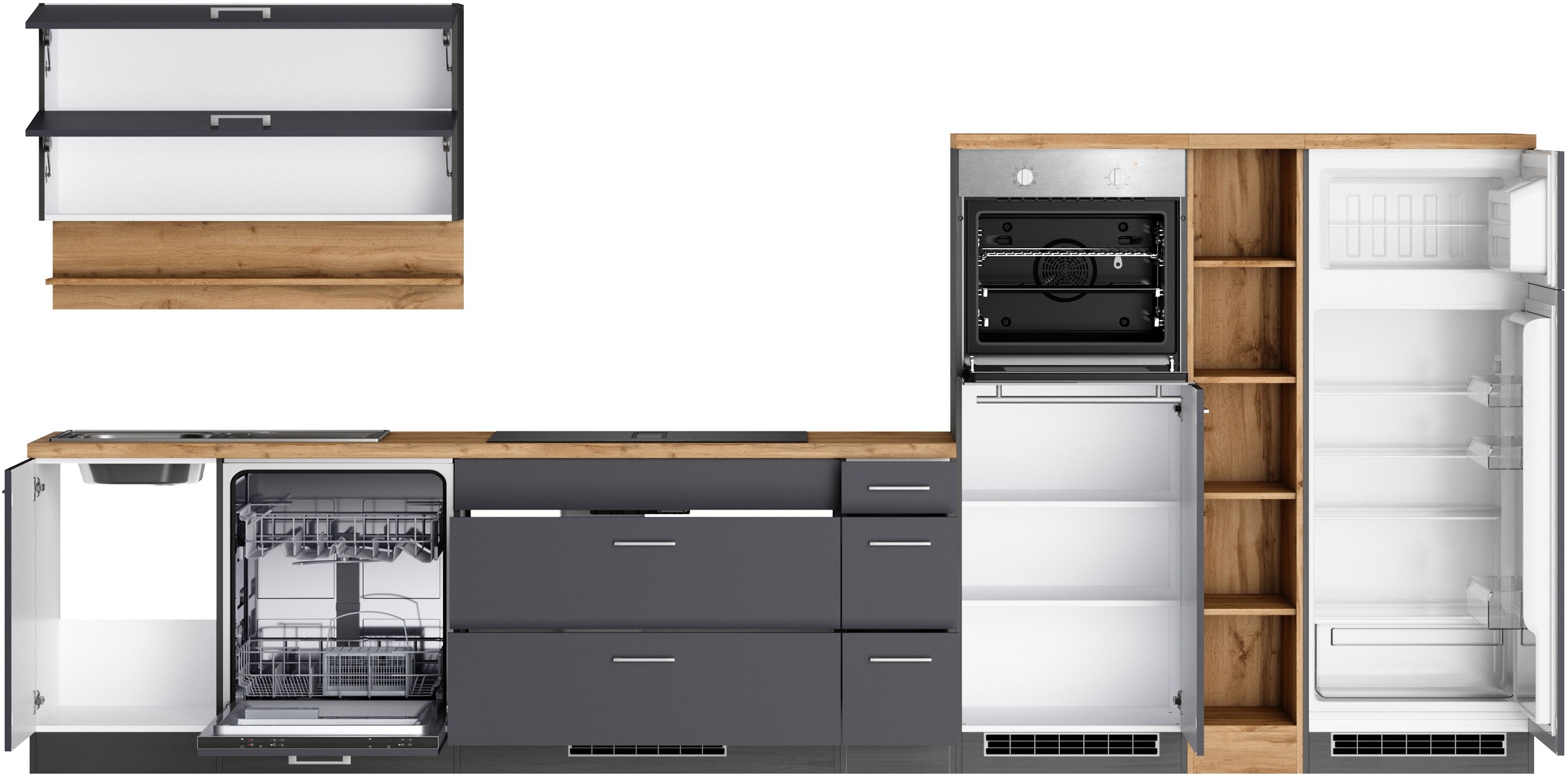 KOCHSTATION Küchenzeile »KS-Milan, optional mit Muldenlüfter« Breite 390 cm, wahlweise mit E-Geräten, Kochfeld mit Dunstabzug