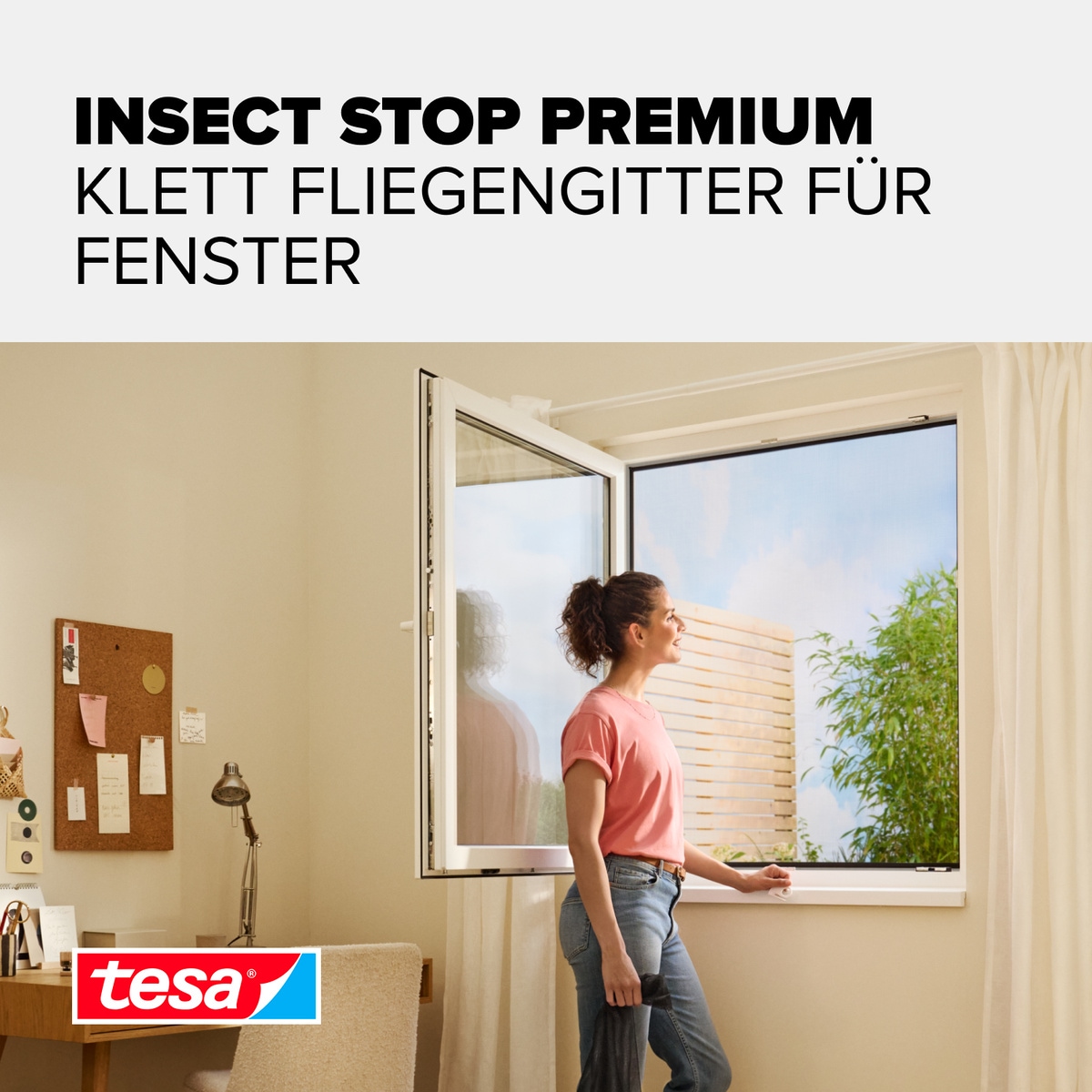 tesa Fliegengitter-Gewebe »Premium für Fenster, Insektenschutz mit Klettband« Packung, Fliegennetz, Klettband, Andrück und Schneidehilfe, 1 Stk. tlg. selbstklebende Insektenschutz - 130 cm x 130 cm