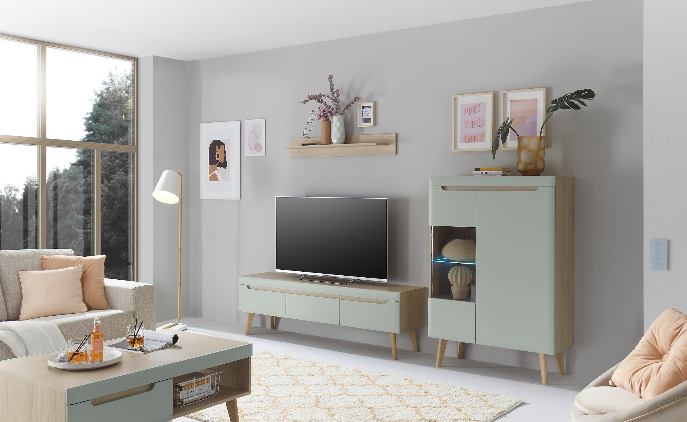 INOSIGN Wohnwand »Torge, Anbauwand, Schrankwand, Mediawand, Wohnzimmer-Set«, (Set, 3 St.), enthält 1 Vitrine, 1 Lowboard + 1 Wandboard, 270 cm breit