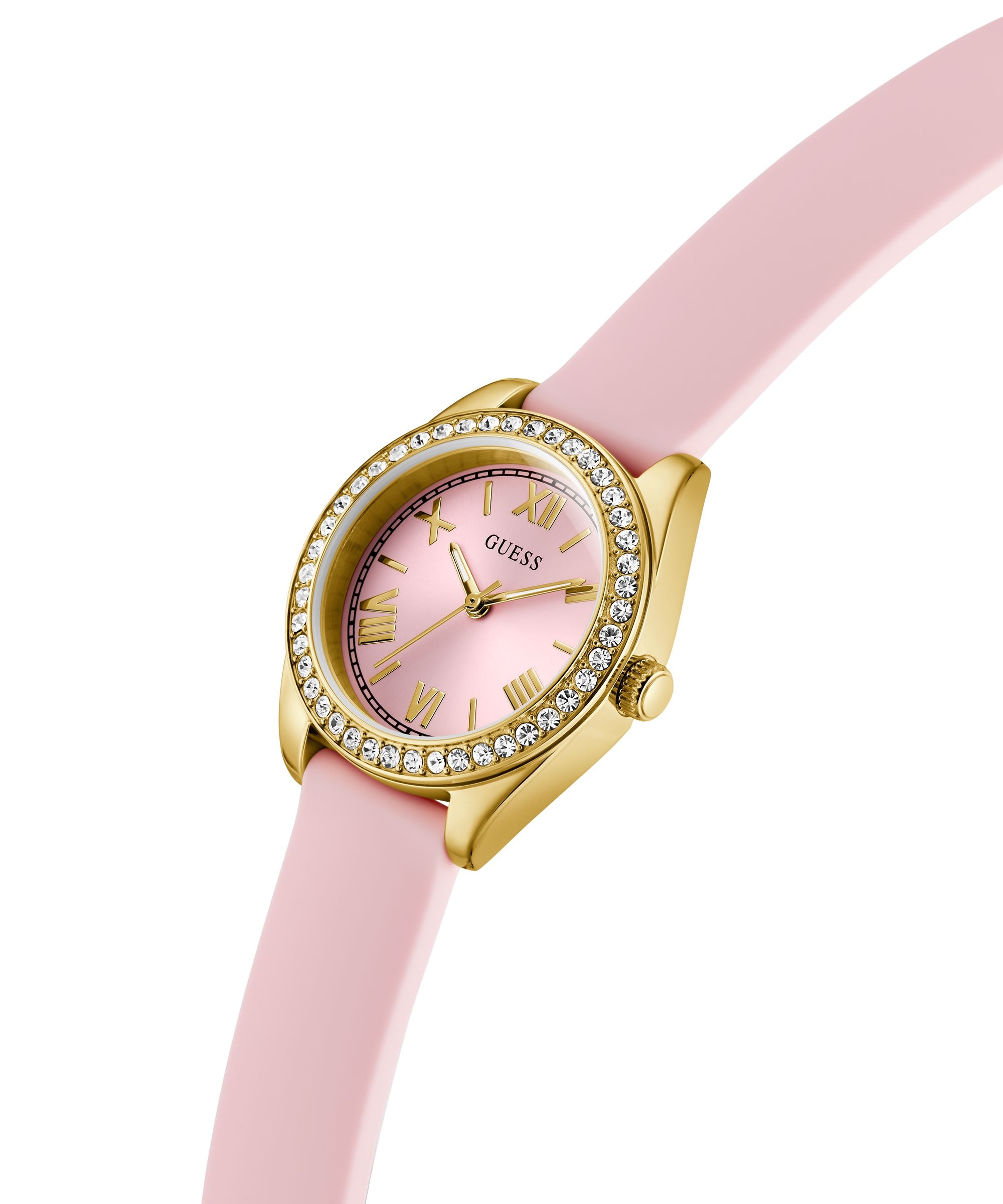 Guess Quarzuhr »GUESS-MINI LUNA GLITZ« Armbanduhr, Damenuhr, Silikonarmband, analog