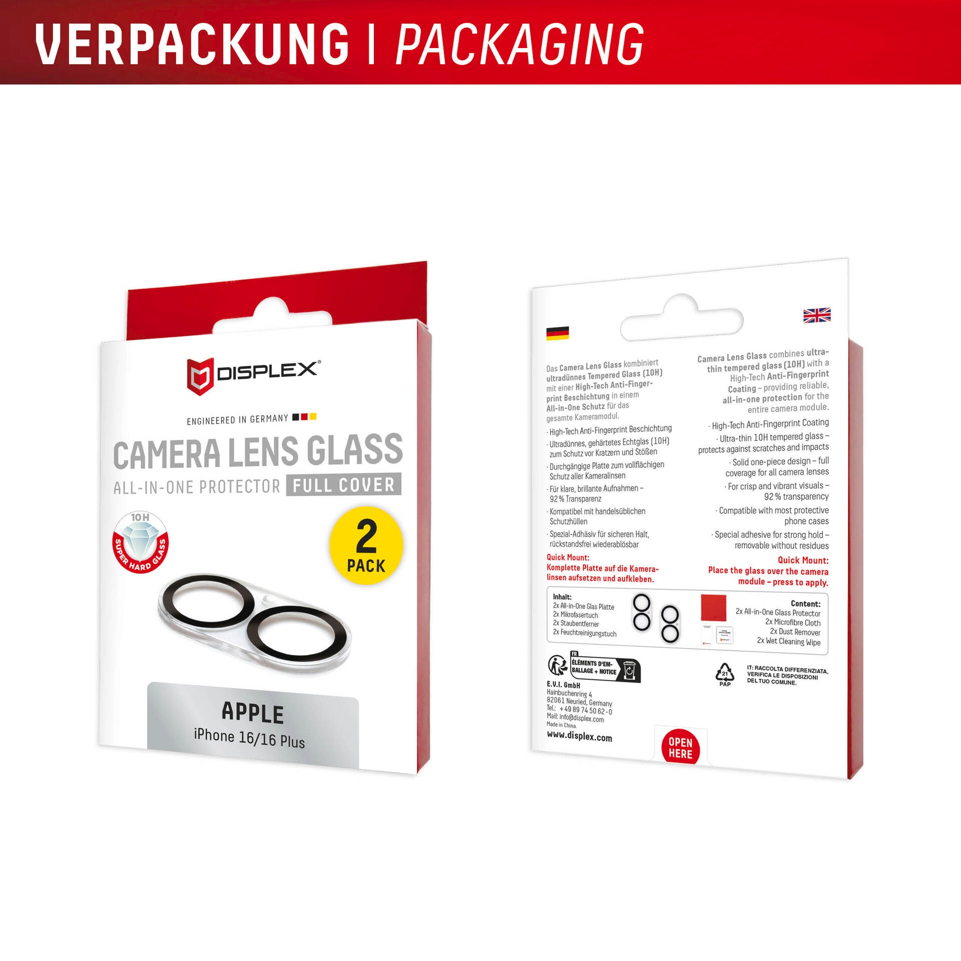 Displex Kameraschutzglas »Camera Lens Glass All-In-One Protector Full Cover«, für Apple iPhone 16-Apple iPhone 16 Plus, (Packung, 2x All-In-One Glas), Objektivschutz, Kameraschutz, kratz- & stoßfest