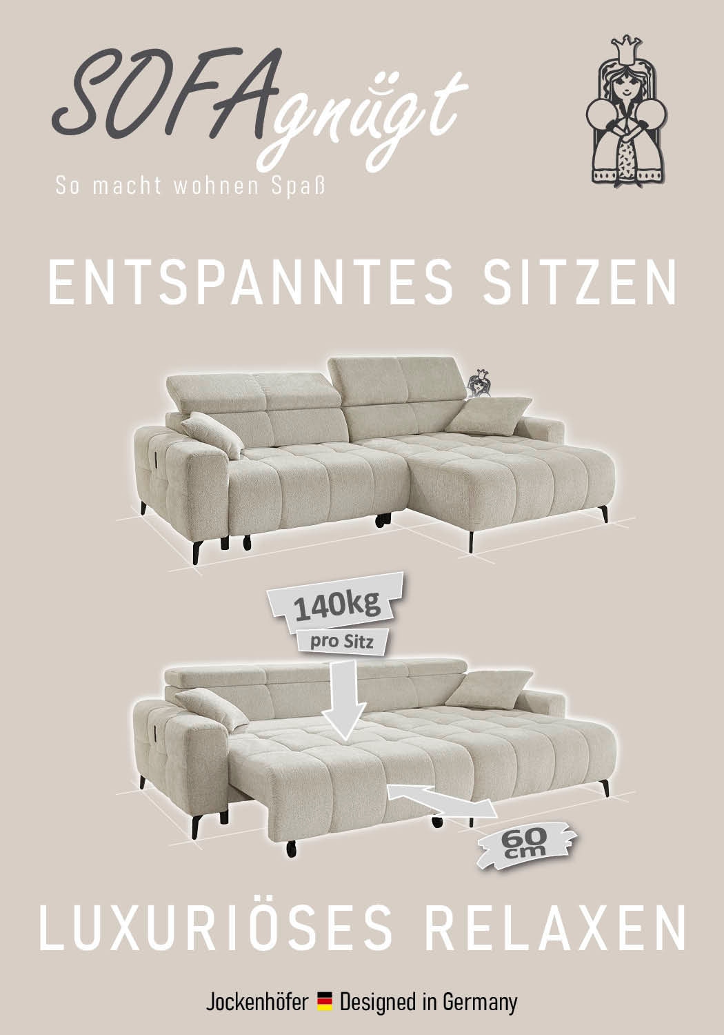 Jockenhöfer Gruppe Ecksofa »Racer, L-Form, B: 290cm, mit 60 cm elektrischer Sitztiefenverstellung« 140kg Belastbarkeit je Sitz, verstellbaren Kopfstützen, USB-Ports