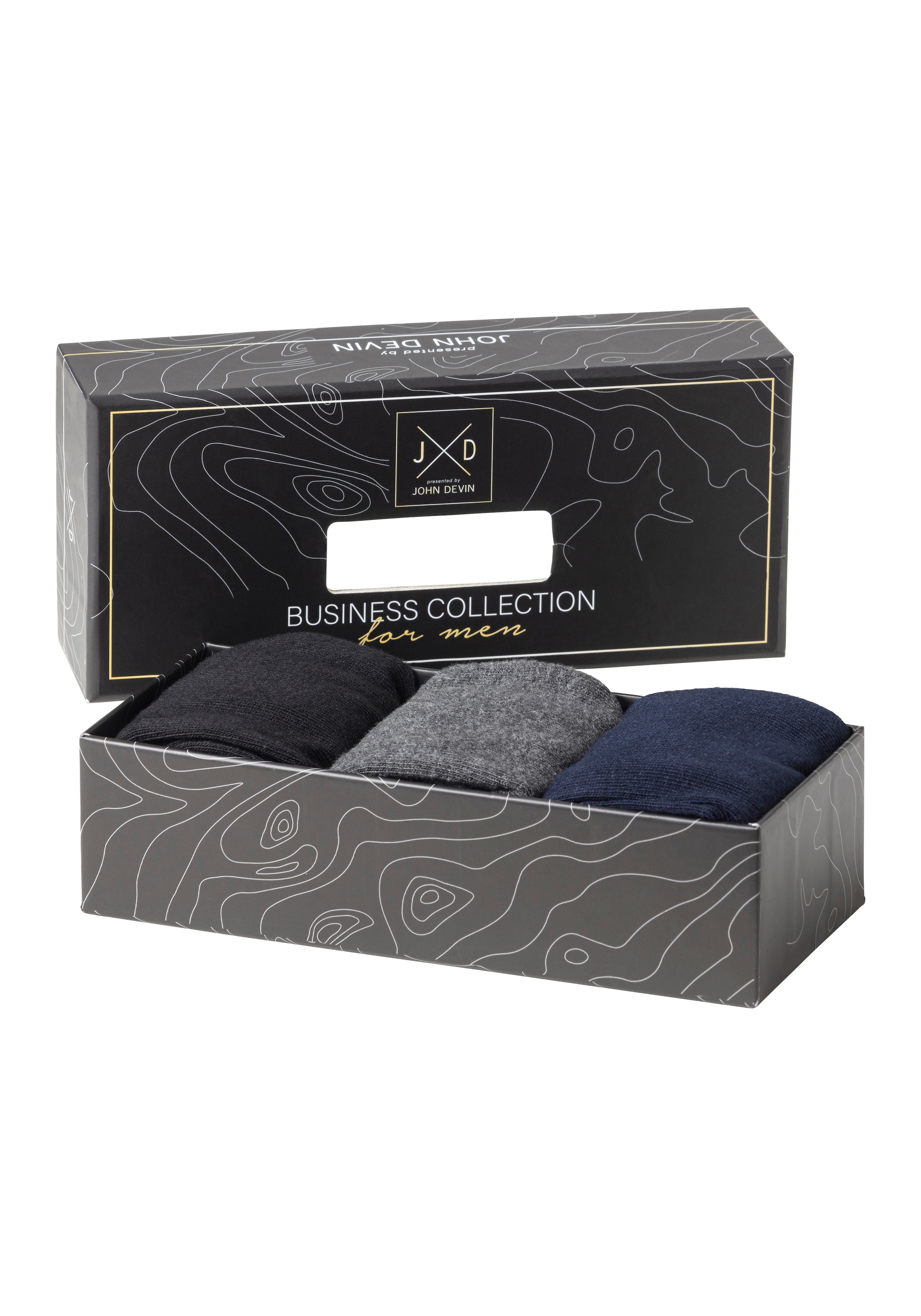 John Devin Businesssocken, (Packung, 3 Paar), mit längerer Schaftlänge, verpackt in einer Box