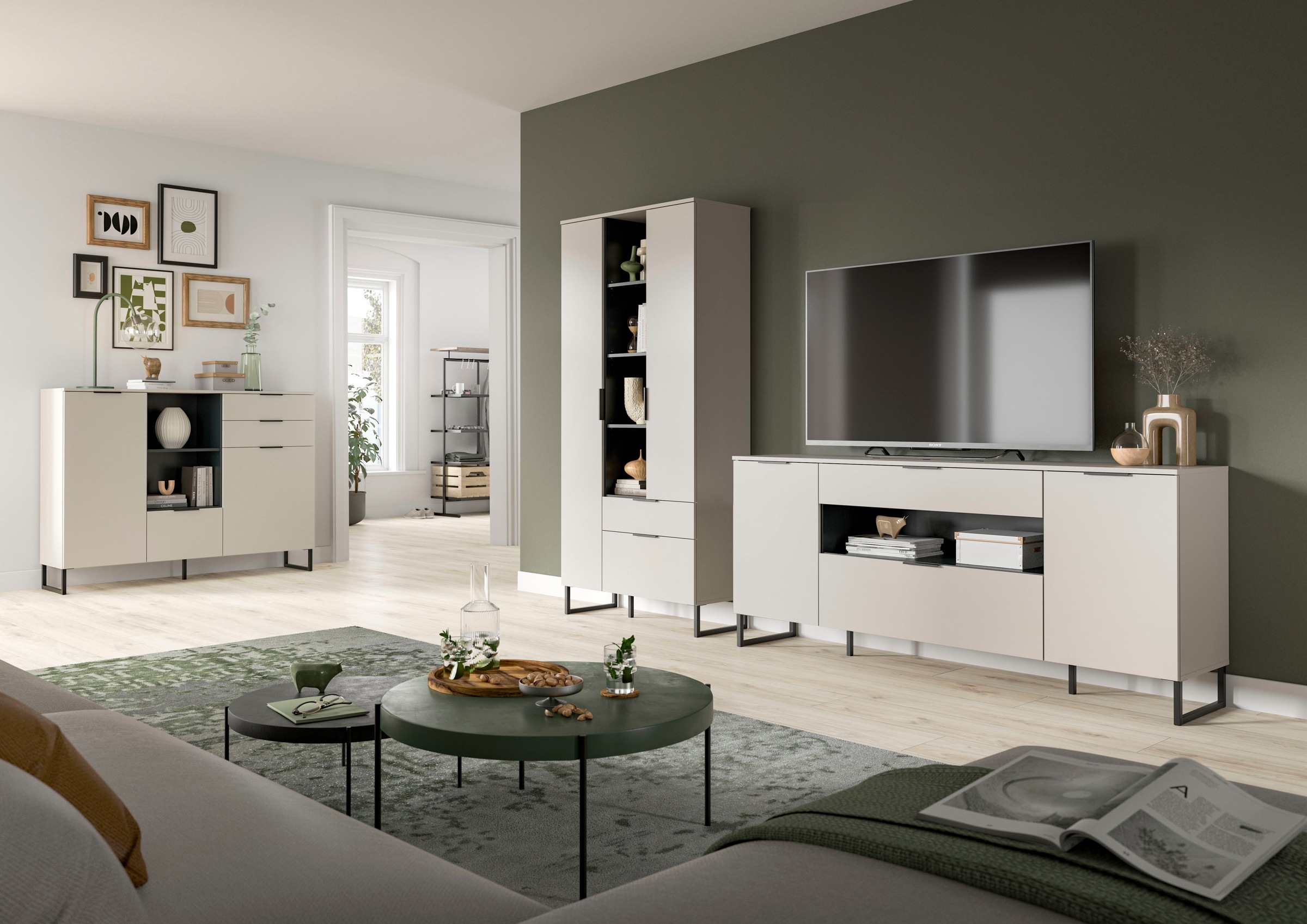 Home affaire Wohnwand »ADIO, Breite 290 cm, 2-teiliges Set, mit Metall-Kufenfüße« Set, bestehend aus: Mehrzweckschrank und Sideboard, 2 Stk. tlg.