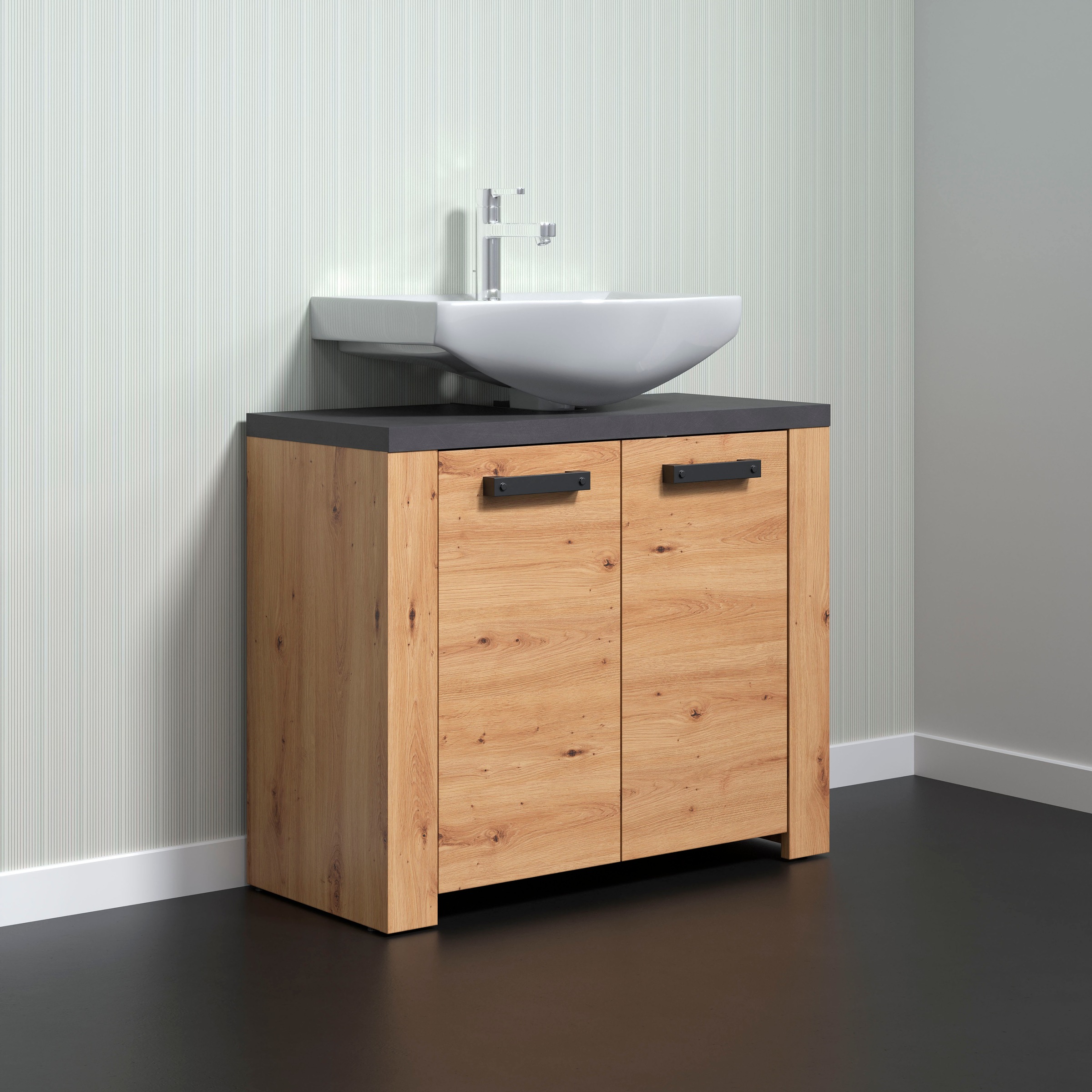 Home affaire Waschbeckenunterschrank »Ambres«, Waschtisch in matter Echtholzoptik - Maße (B/T/H) 79/35/67 cm
