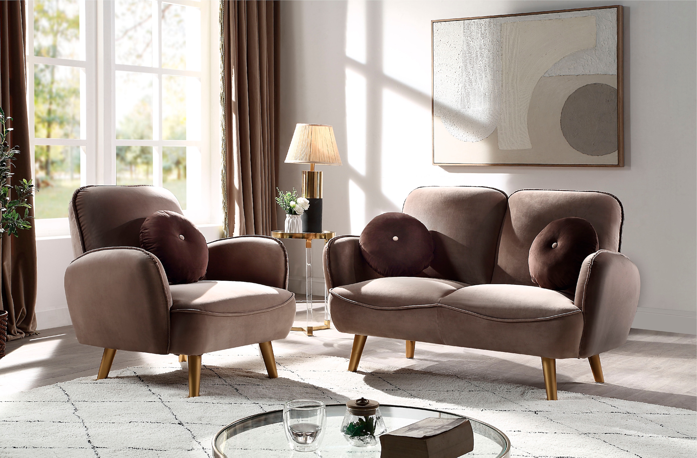 ATLANTIC home collection 2-Sitzer »Ben«, mit Welleunterfederung,inkl. 2 Dekokissen, goldenen Massivholzfüßen